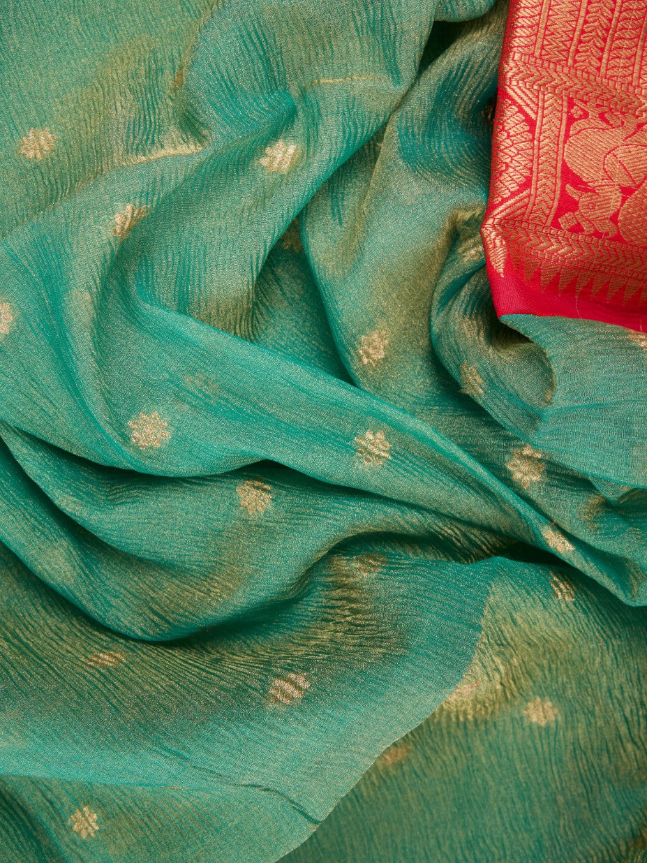 Pure Handloom Crushed Silk with Luxe Kanchipuram Weaving Border