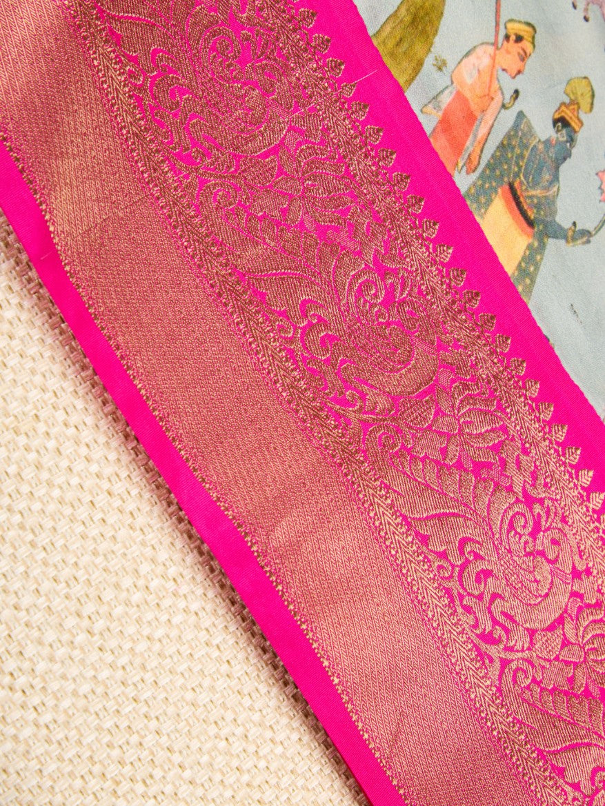 Pure Silk Fabric with Artisanal Block Prints & Kanchipuram Weaving Border