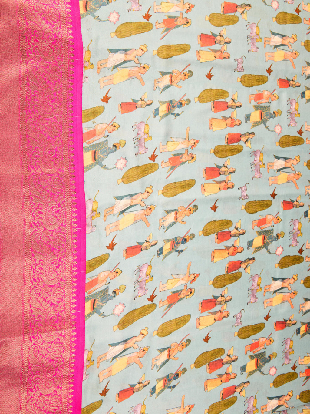 Pure Silk Fabric with Artisanal Block Prints & Kanchipuram Weaving Border
