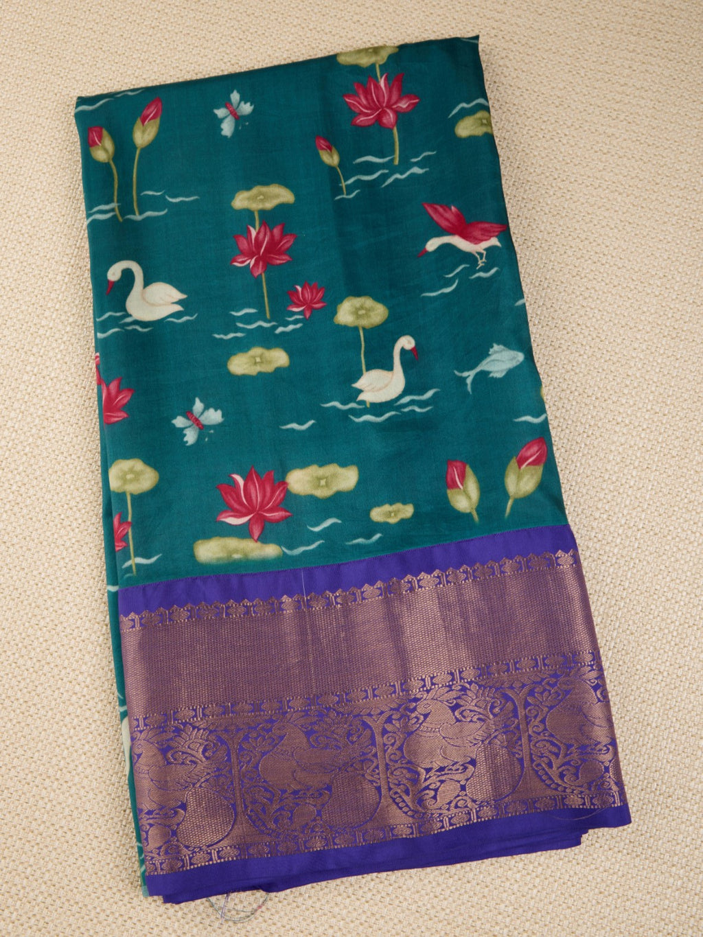 Pure Silk Fabric with Elegant Pichuvai Prints & Kanchipuram Weaving Border