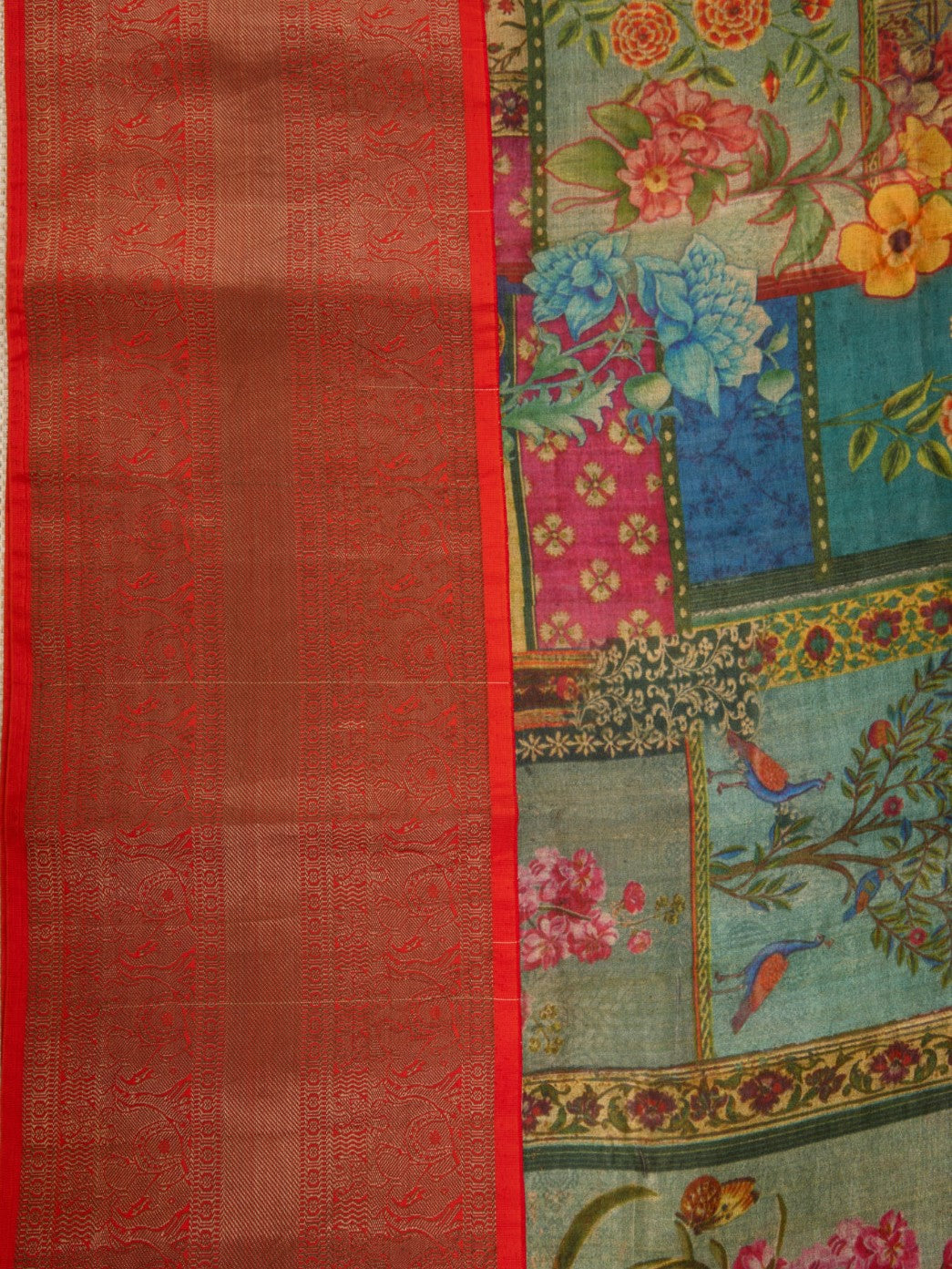 Pure Silk Fabric with Exquisite Digital Prints & Kanchipuram Weaving Border