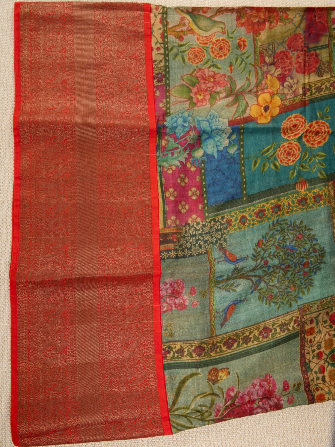 Pure Silk Fabric with Exquisite Digital Prints & Kanchipuram Weaving Border