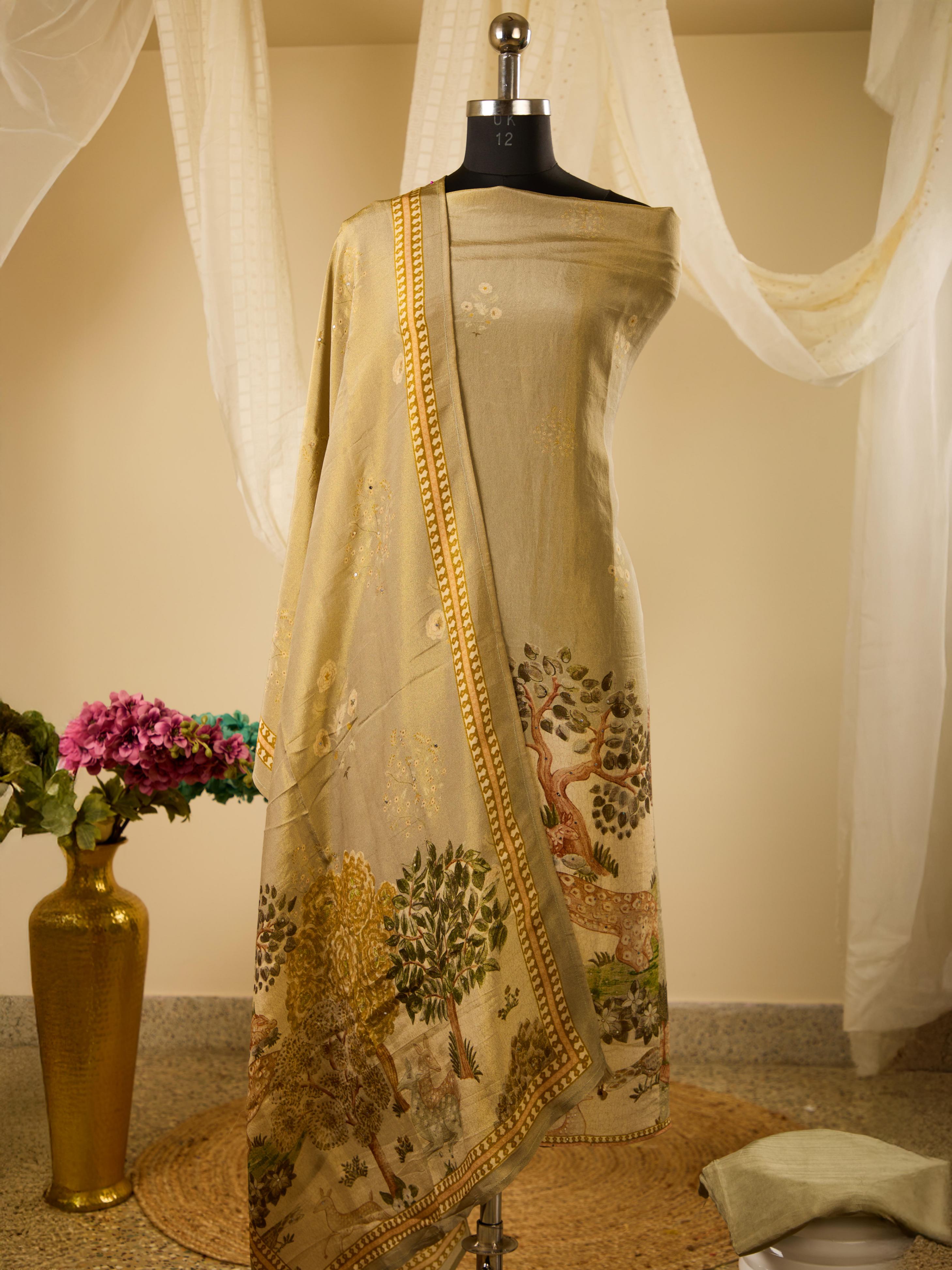 Himmer Georgette Top with Digital Print & Beads Work, Paired with Santoon Bottom & Shimmer Georgette Dupatta
