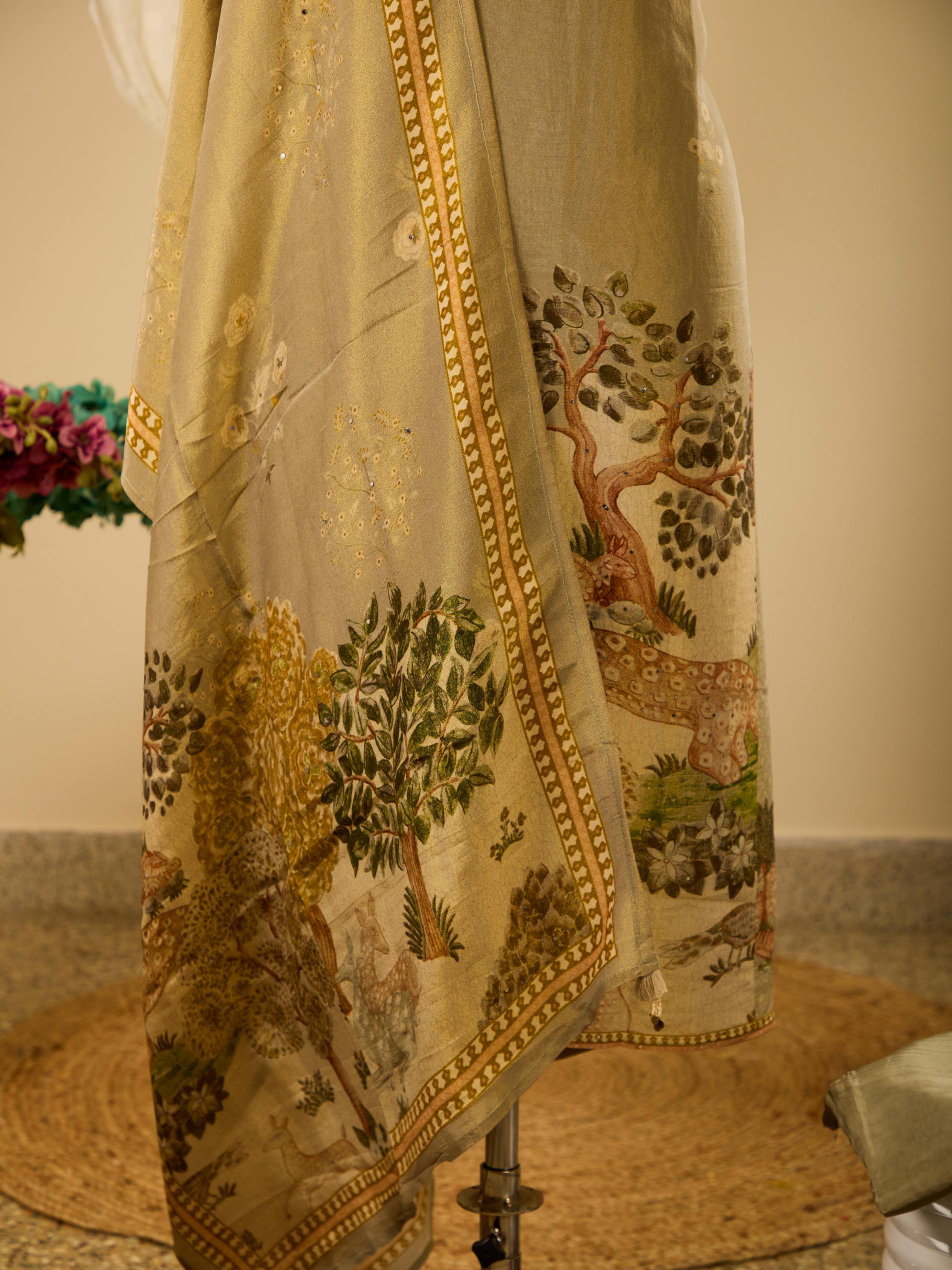 Himmer Georgette Top with Digital Print & Beads Work, Paired with Santoon Bottom & Shimmer Georgette Dupatta