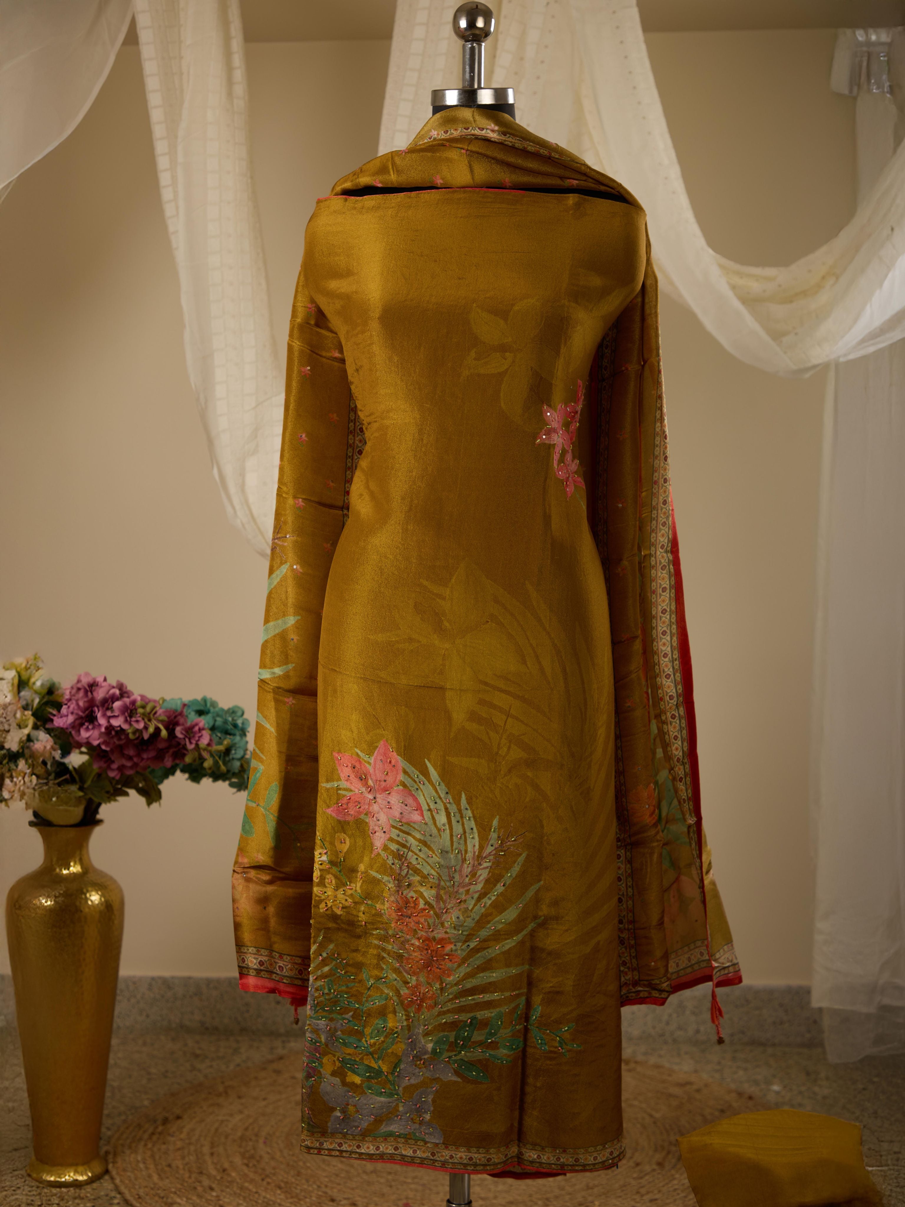 Himmer Georgette Top with Digital Print & Beads Work, Paired with Santoon Bottom & Shimmer Georgette Dupatta