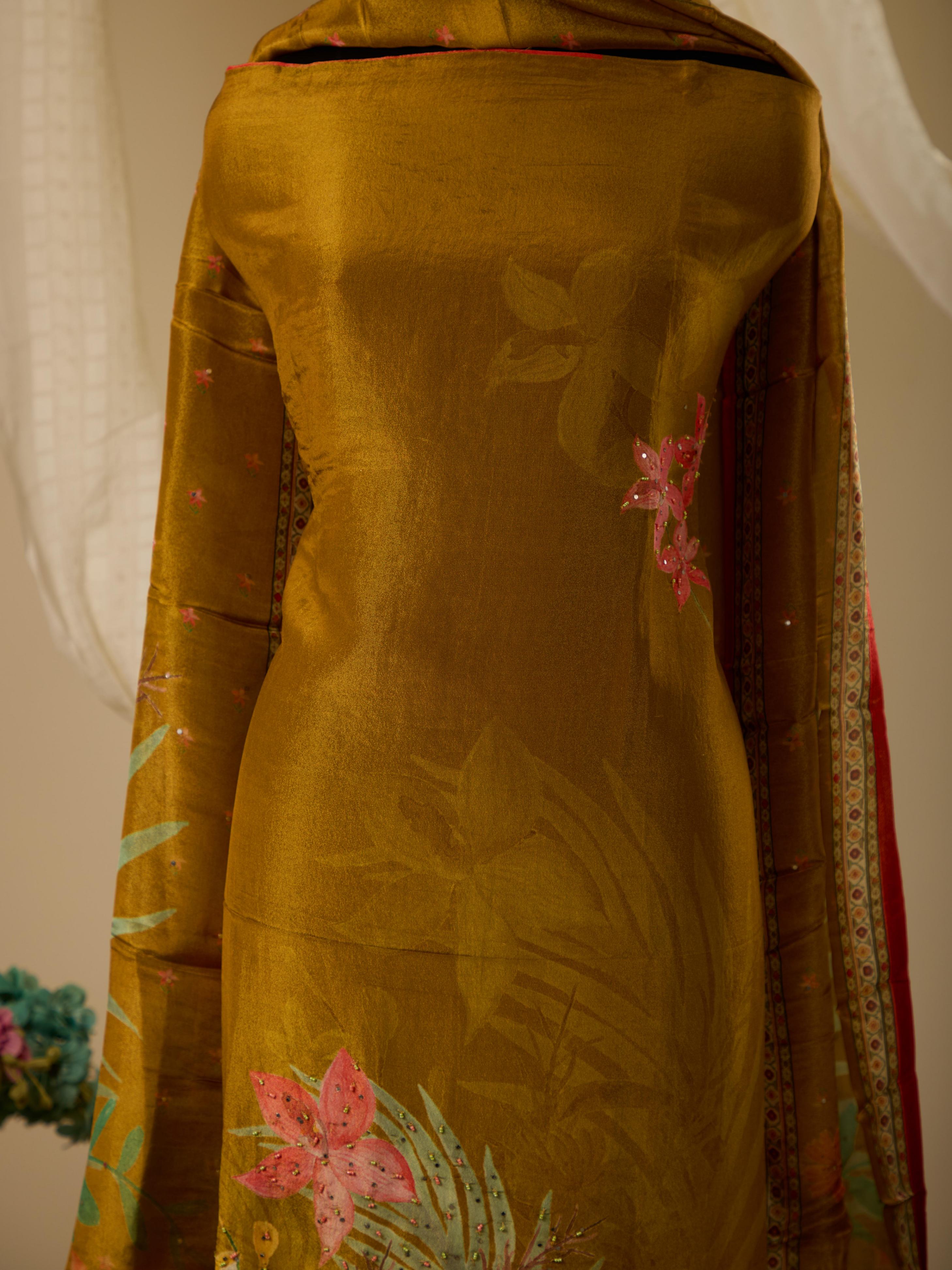Himmer Georgette Top with Digital Print & Beads Work, Paired with Santoon Bottom & Shimmer Georgette Dupatta