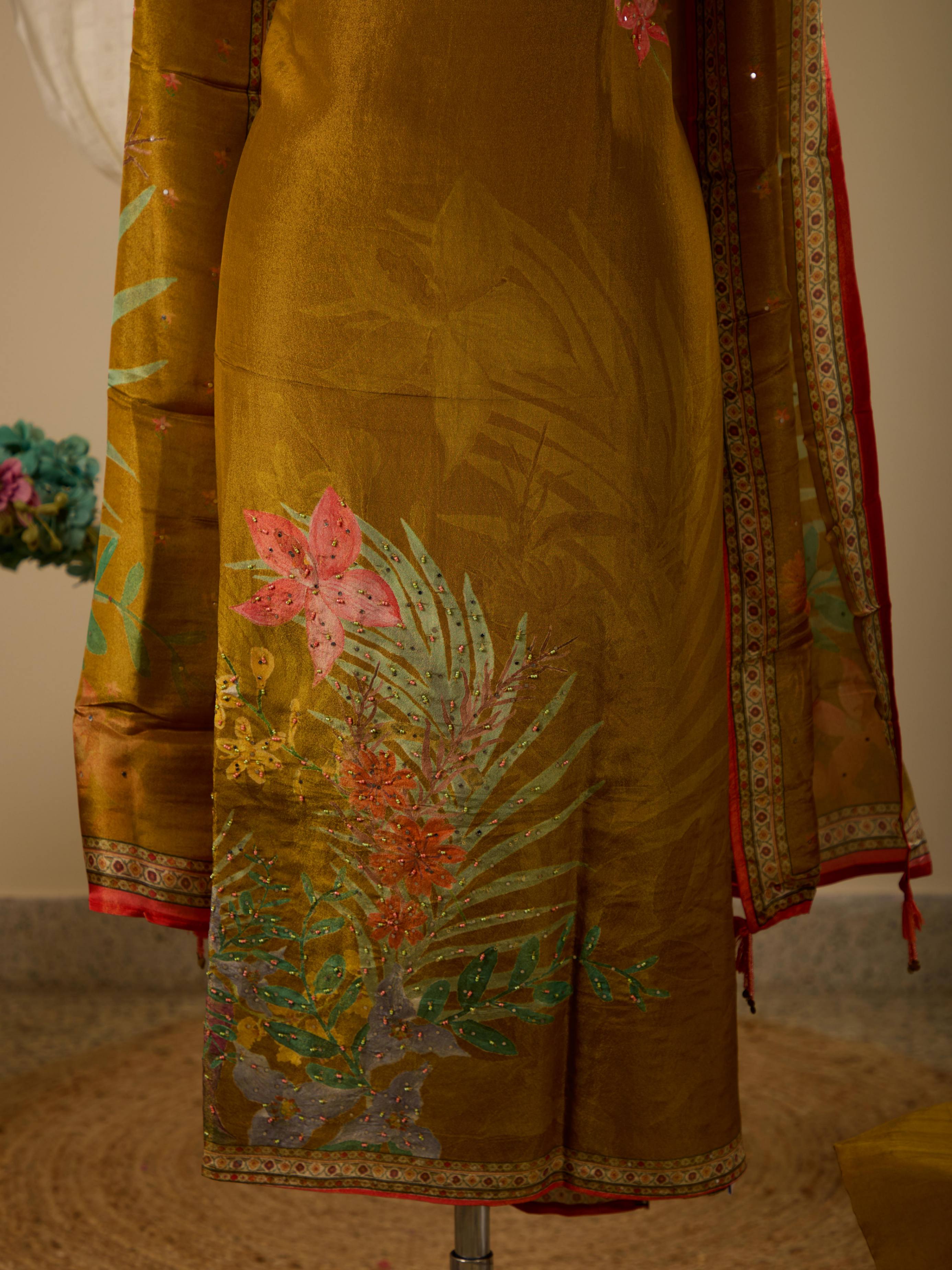 Himmer Georgette Top with Digital Print & Beads Work, Paired with Santoon Bottom & Shimmer Georgette Dupatta