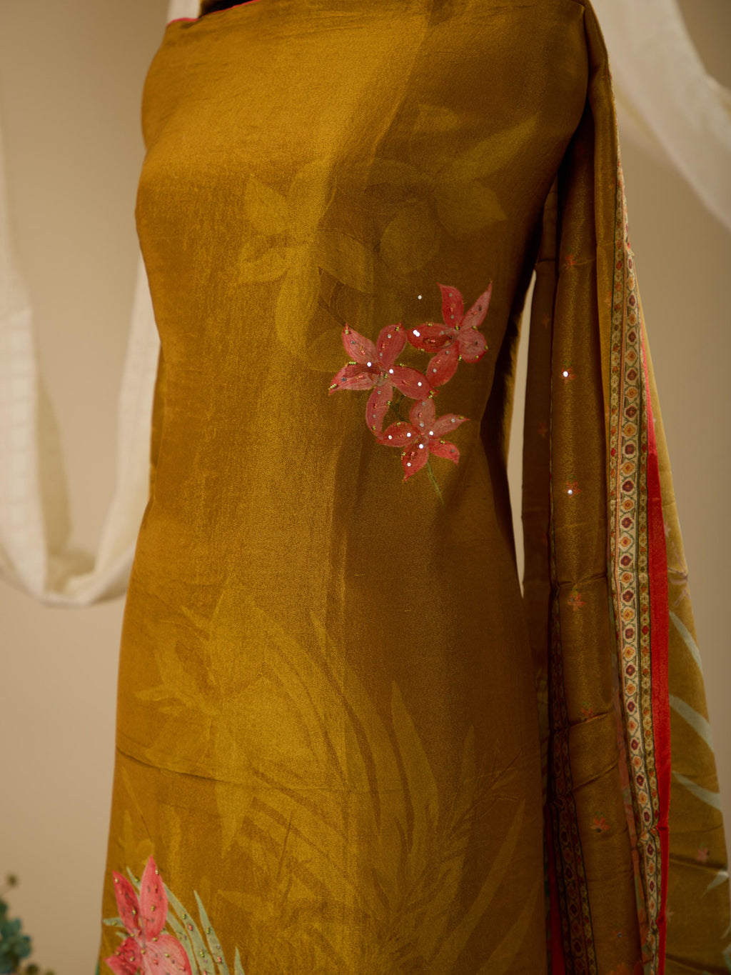 Himmer Georgette Top with Digital Print & Beads Work, Paired with Santoon Bottom & Shimmer Georgette Dupatta