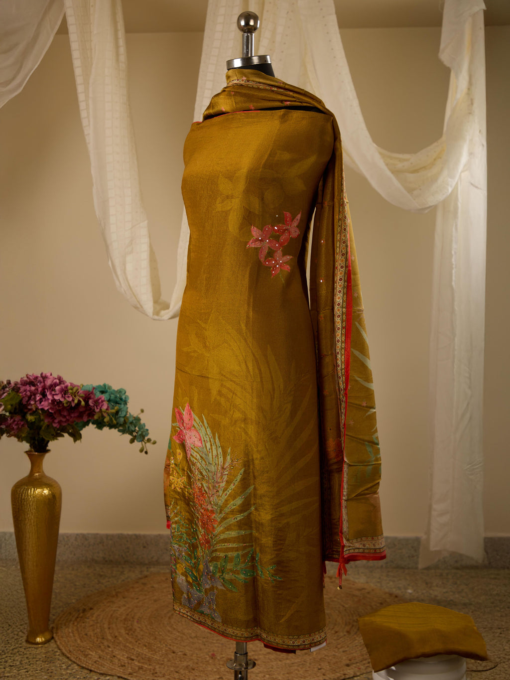 Himmer Georgette Top with Digital Print & Beads Work, Paired with Santoon Bottom & Shimmer Georgette Dupatta