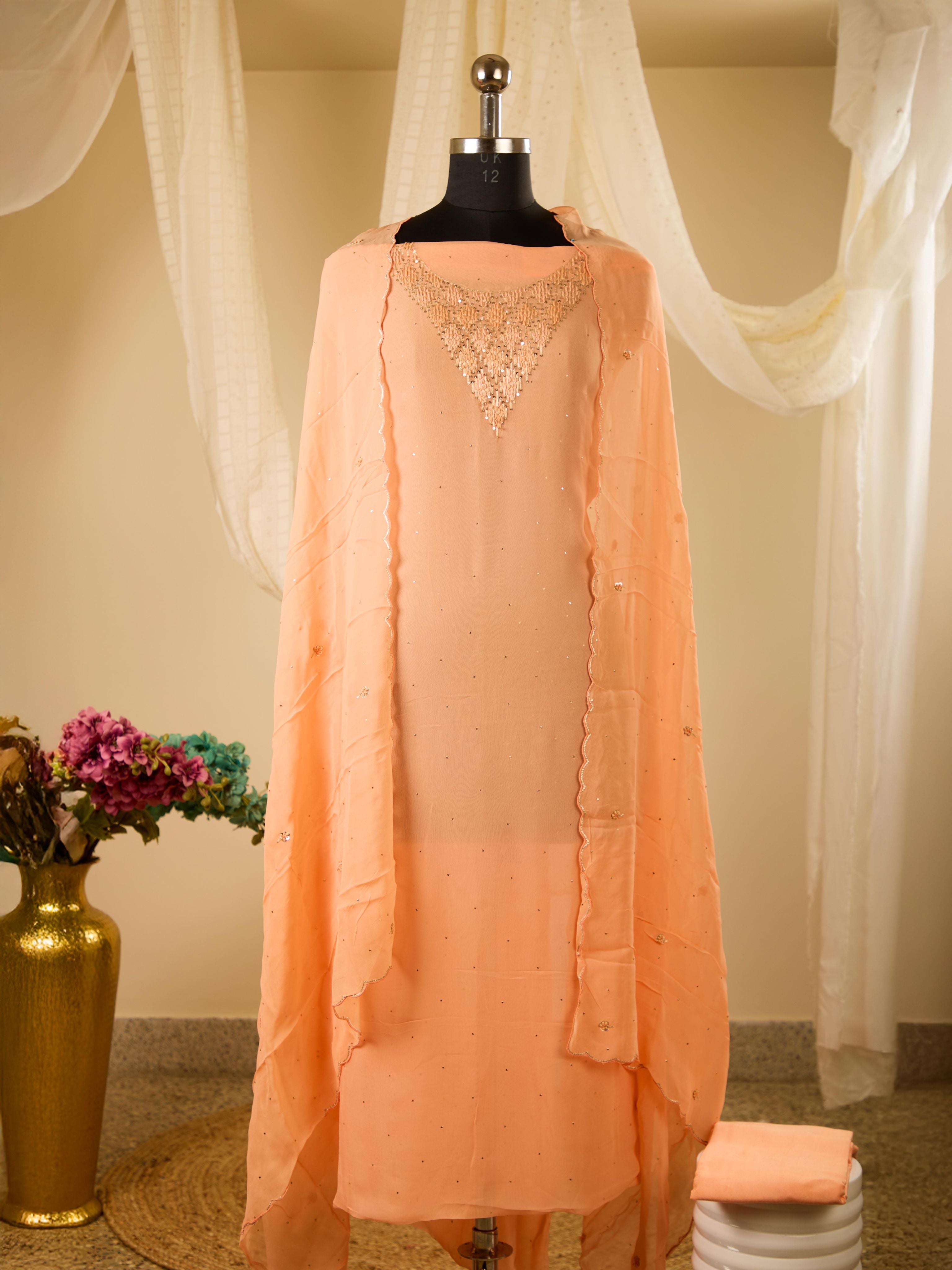 Pure Georgette Top with Handwork, Paired with Santoon Bottom & Georgette Dupatta with Work