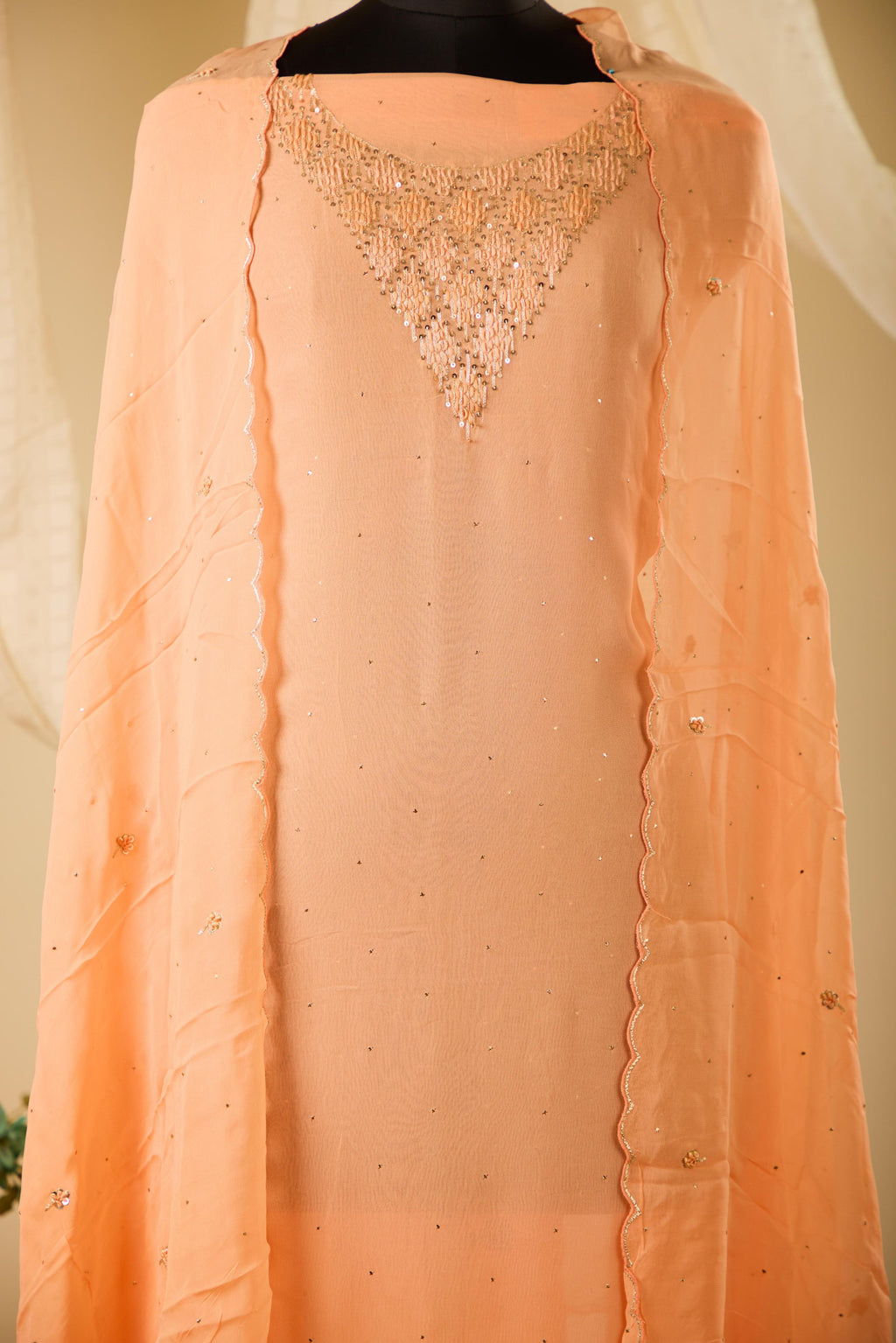 Pure Georgette Top with Handwork, Paired with Santoon Bottom & Georgette Dupatta with Work