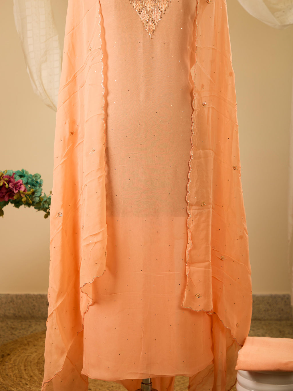 Pure Georgette Top with Handwork, Paired with Santoon Bottom & Georgette Dupatta with Work