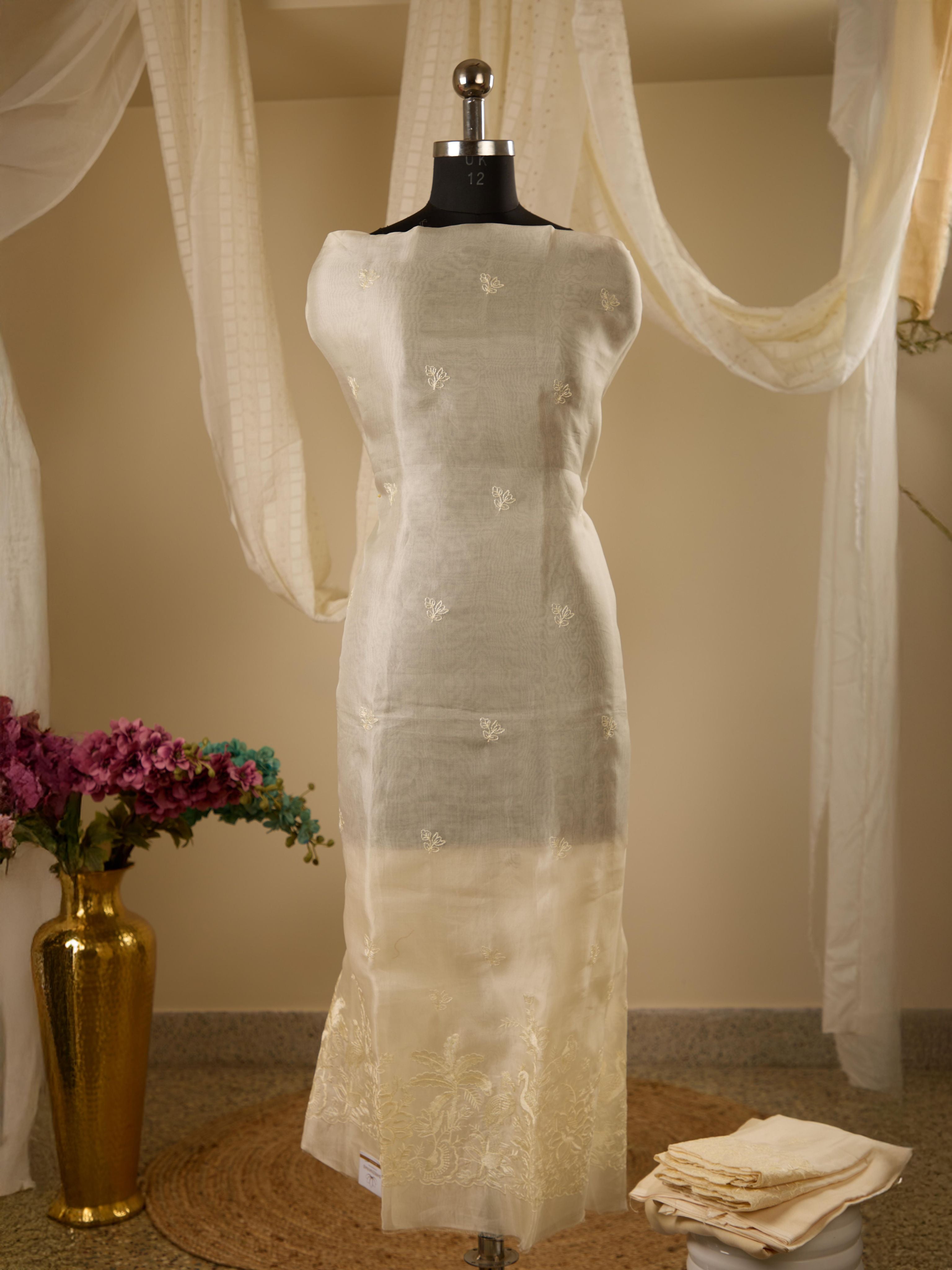 Pure Organza Suit with Threadwork, Paired with Chiffon Dupatta with Embroidery