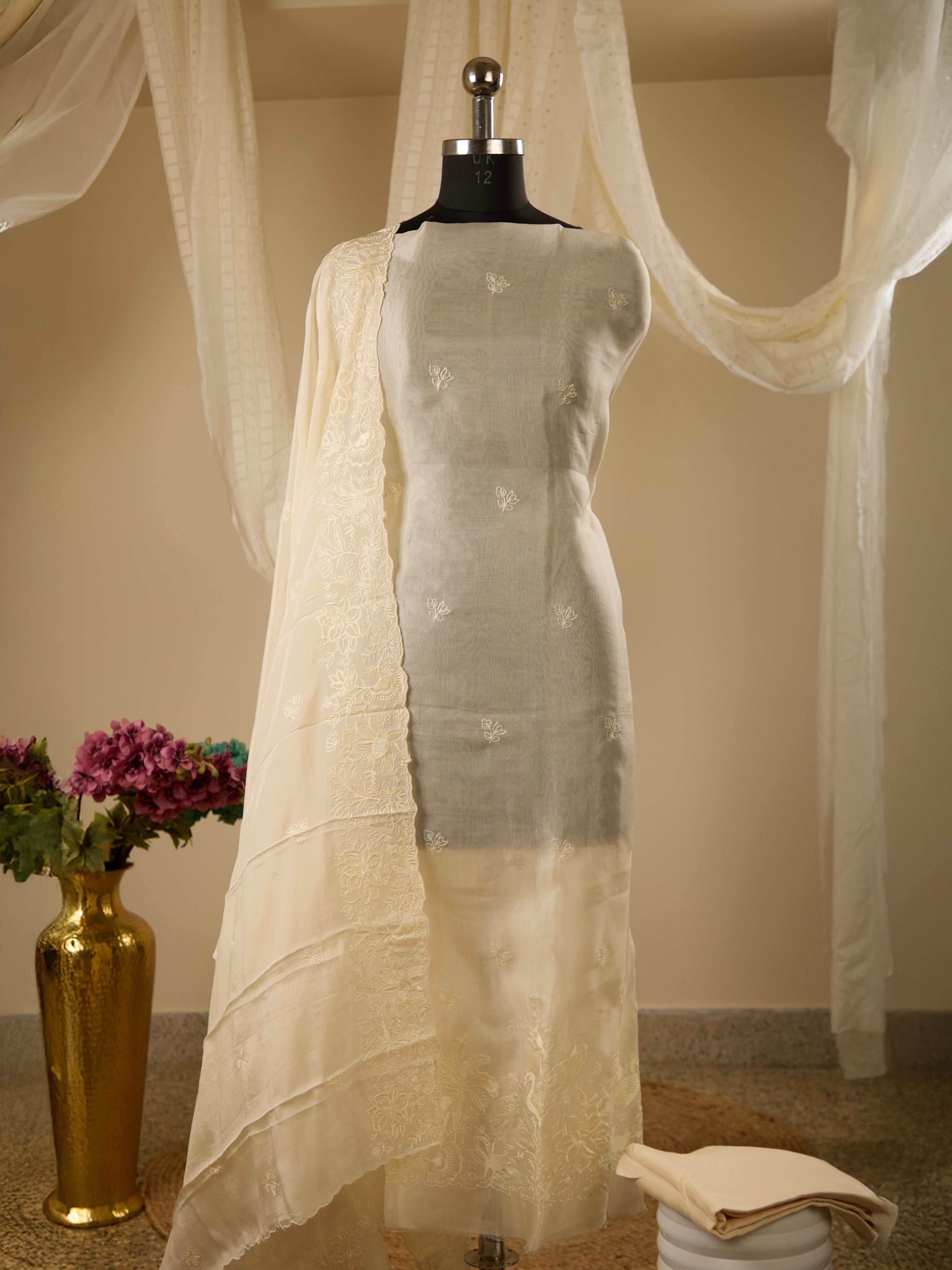 Pure Organza Suit with Threadwork, Paired with Chiffon Dupatta with Embroidery