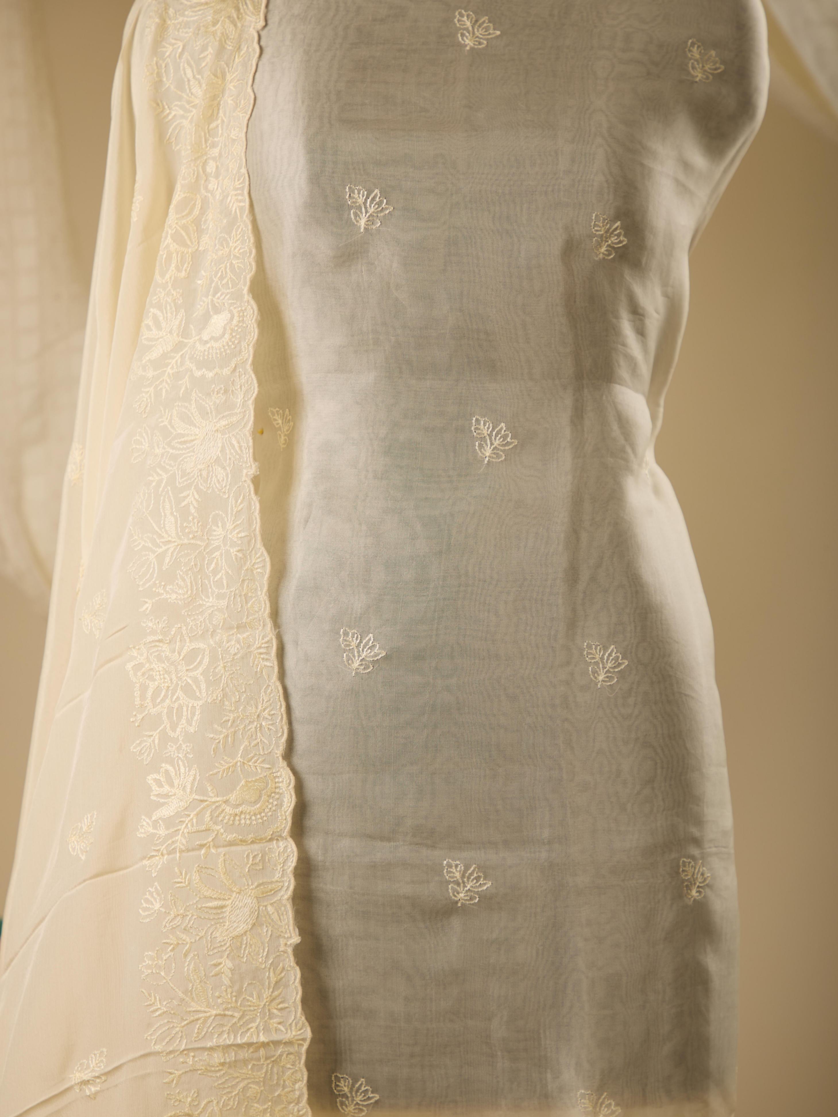 Pure Organza Suit with Threadwork, Paired with Chiffon Dupatta with Embroidery