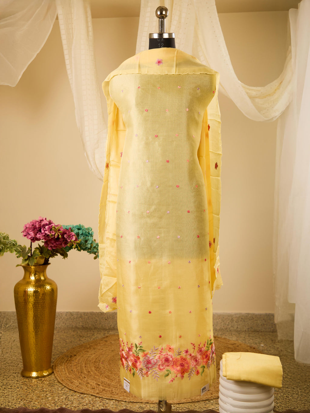 Pure Organza Top with Beautiful Threadwork, Paired with Santoon Bottom & Chiffon Dupatta with Embroidery