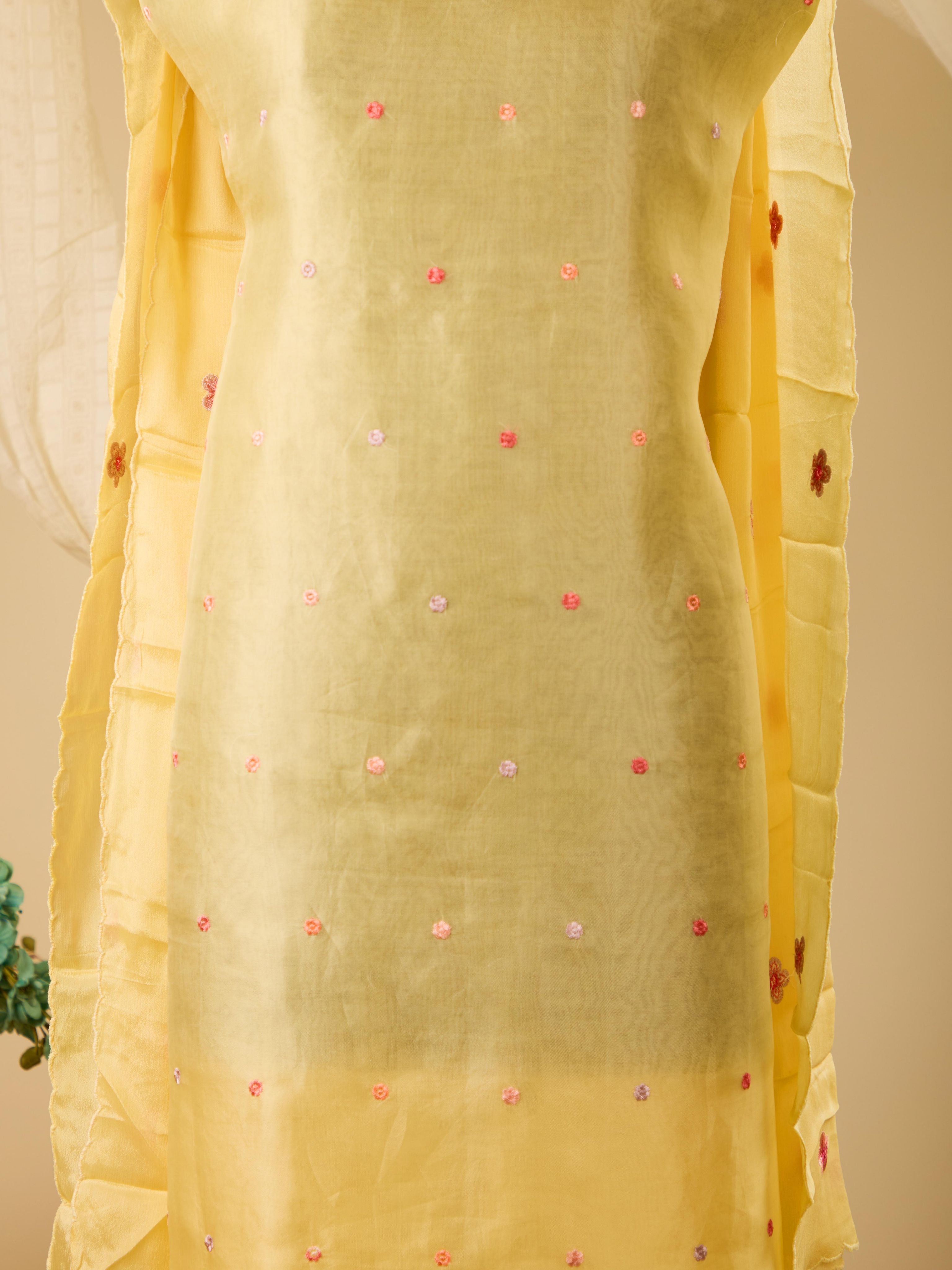 Pure Organza Top with Beautiful Threadwork, Paired with Santoon Bottom & Chiffon Dupatta with Embroidery