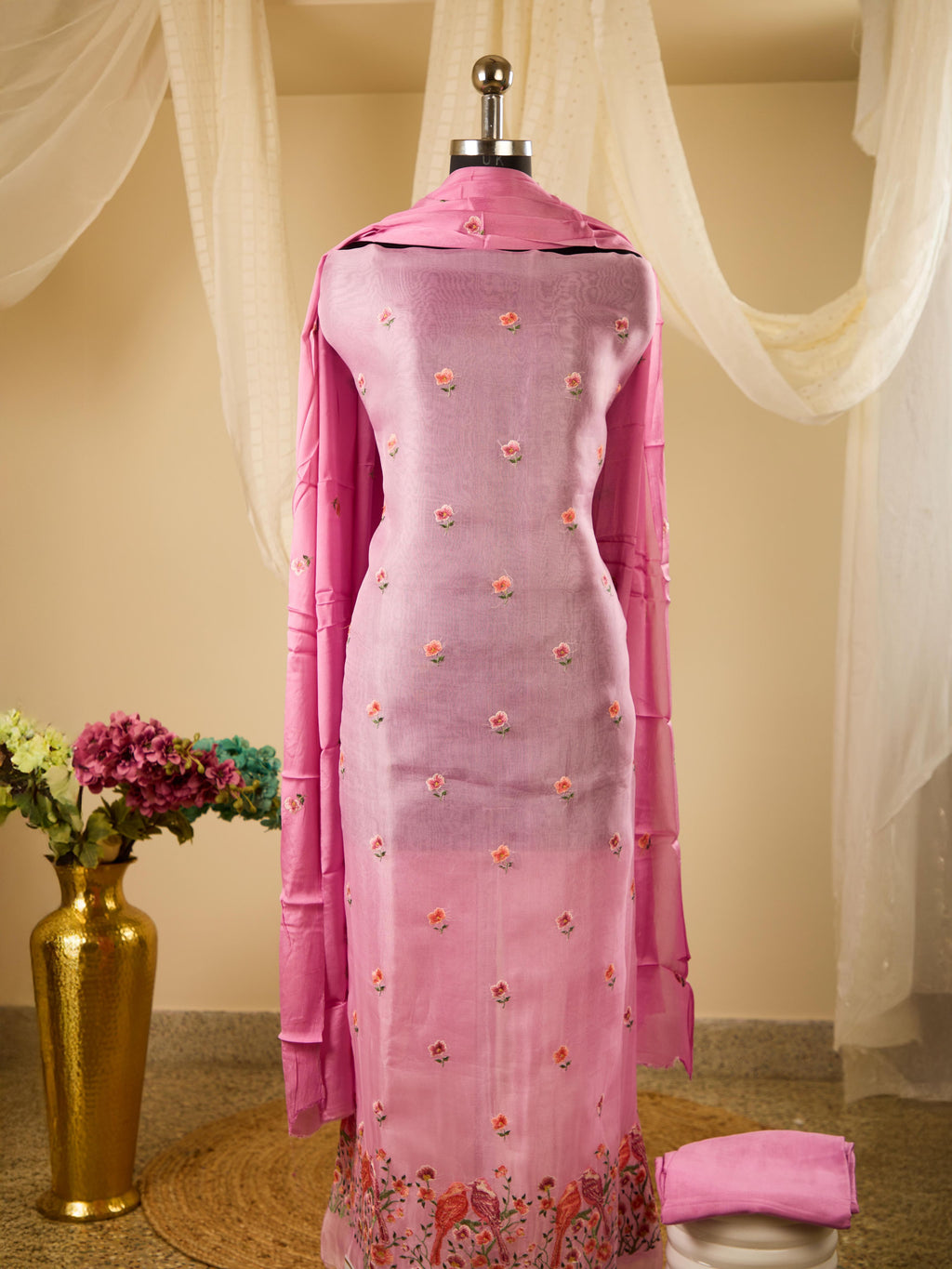 Pure Organza Top with Beautiful Threadwork, Paired with Santoon Bottom & Chiffon Dupatta with Embroidery