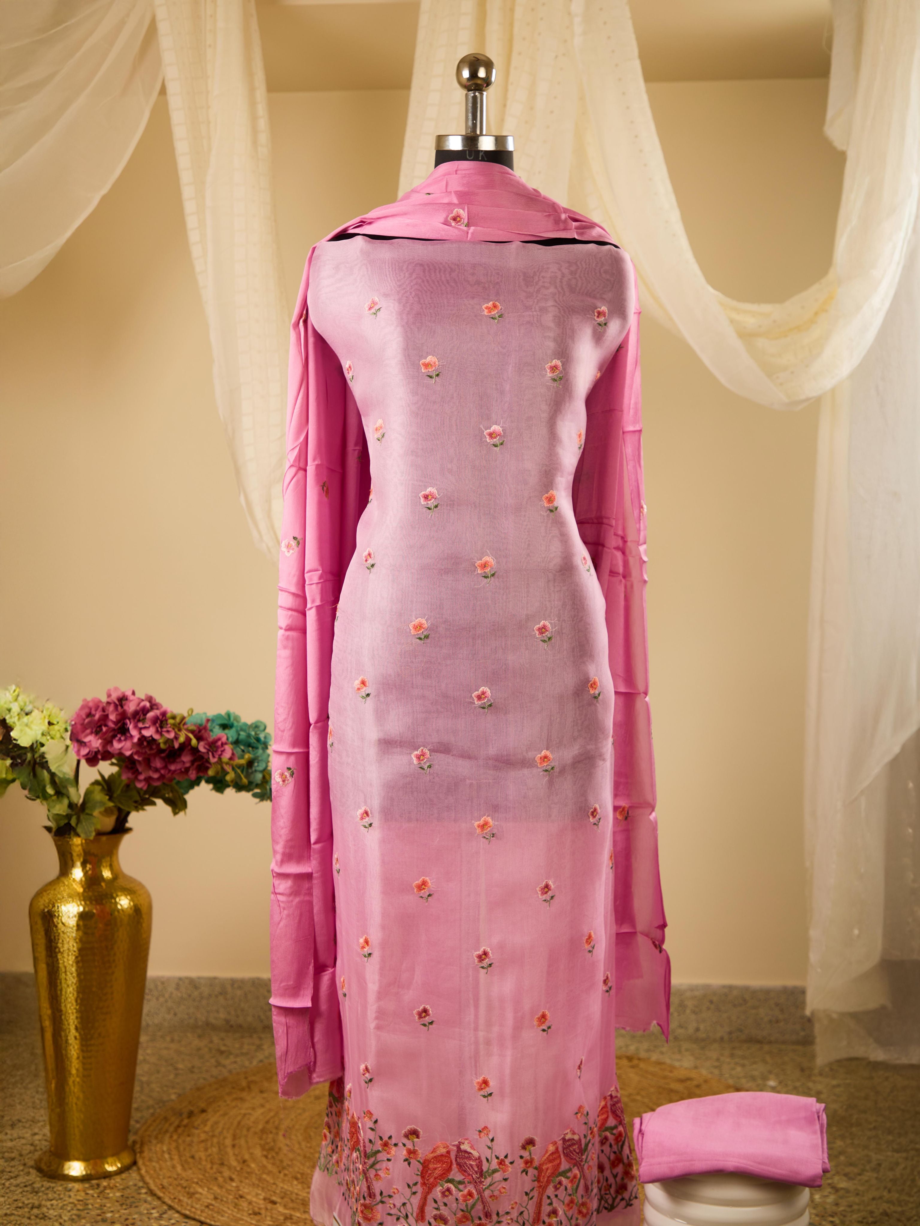 Pure Organza Top with Beautiful Threadwork, Paired with Santoon Bottom & Chiffon Dupatta with Embroidery