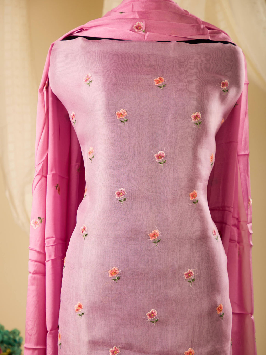 Pure Organza Top with Beautiful Threadwork, Paired with Santoon Bottom & Chiffon Dupatta with Embroidery