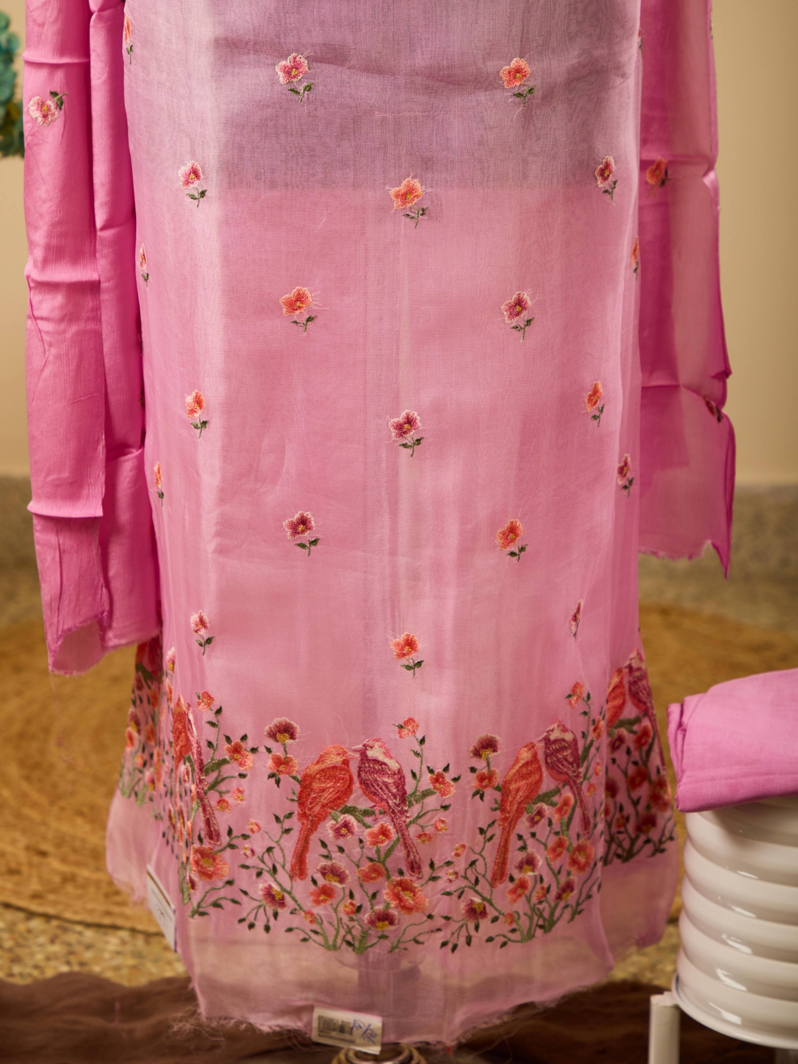 Pure Organza Top with Beautiful Threadwork, Paired with Santoon Bottom & Chiffon Dupatta with Embroidery