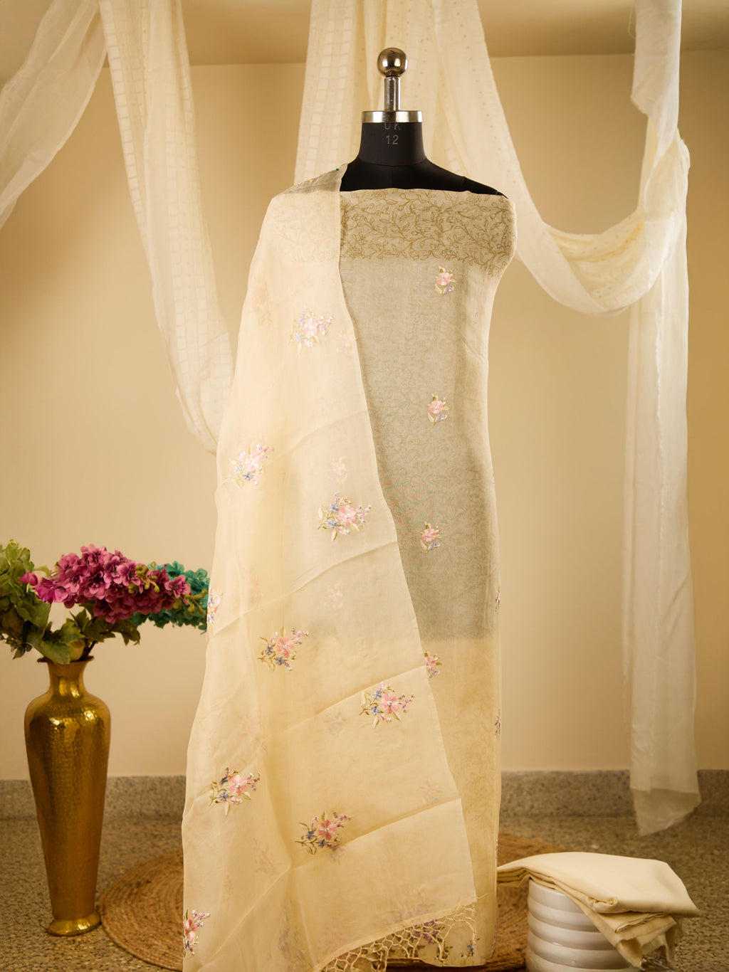 Pure Organza Top with Beautiful Threadwork, Paired with Santoon Bottom & Organza Dupatta with Embroidery