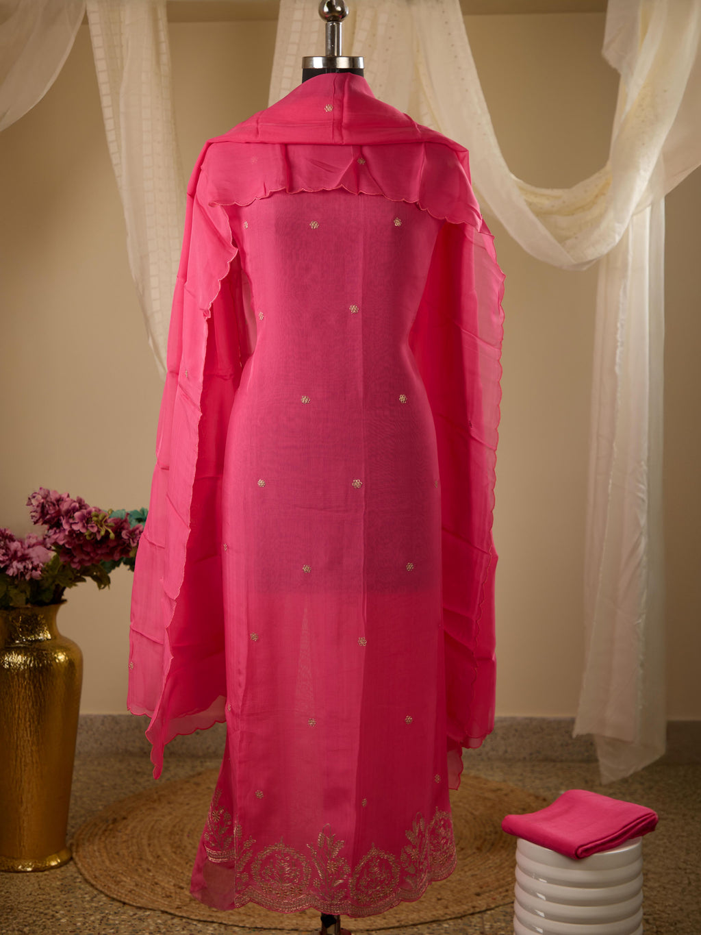 Pure Organza Top with Zari & Thread Handwork, Paired with Santoon Bottom & Viscose Organza Dupatta with Same Zari Work