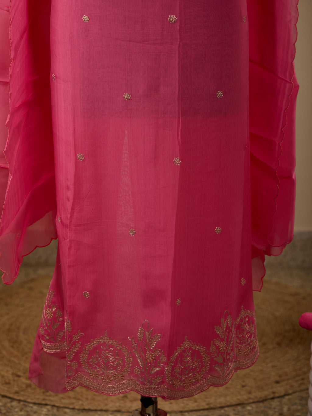 Pure Organza Top with Zari & Thread Handwork, Paired with Santoon Bottom & Viscose Organza Dupatta with Same Zari Work