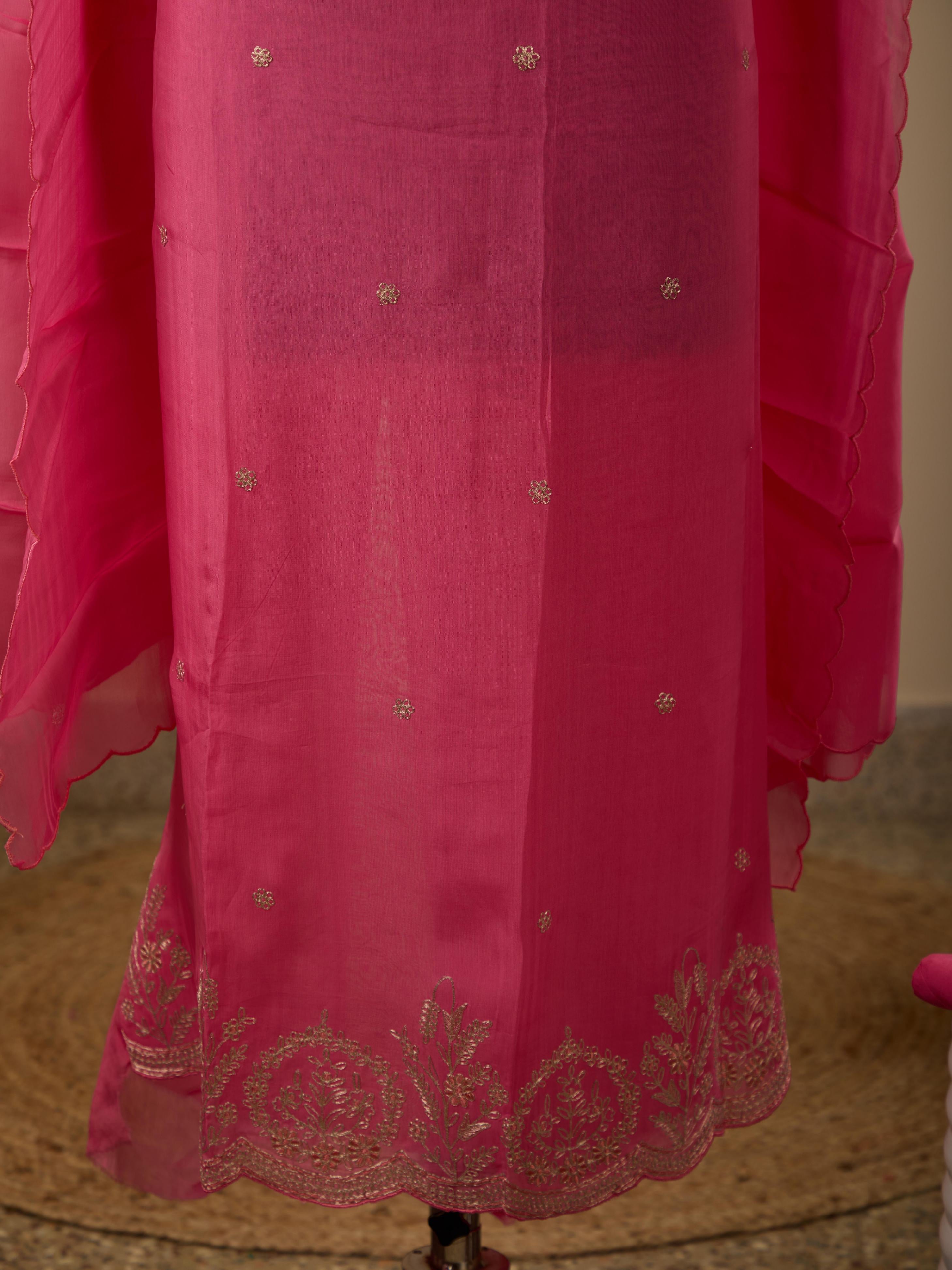 Pure Organza Top with Zari & Thread Handwork, Paired with Santoon Bottom & Viscose Organza Dupatta with Same Zari Work