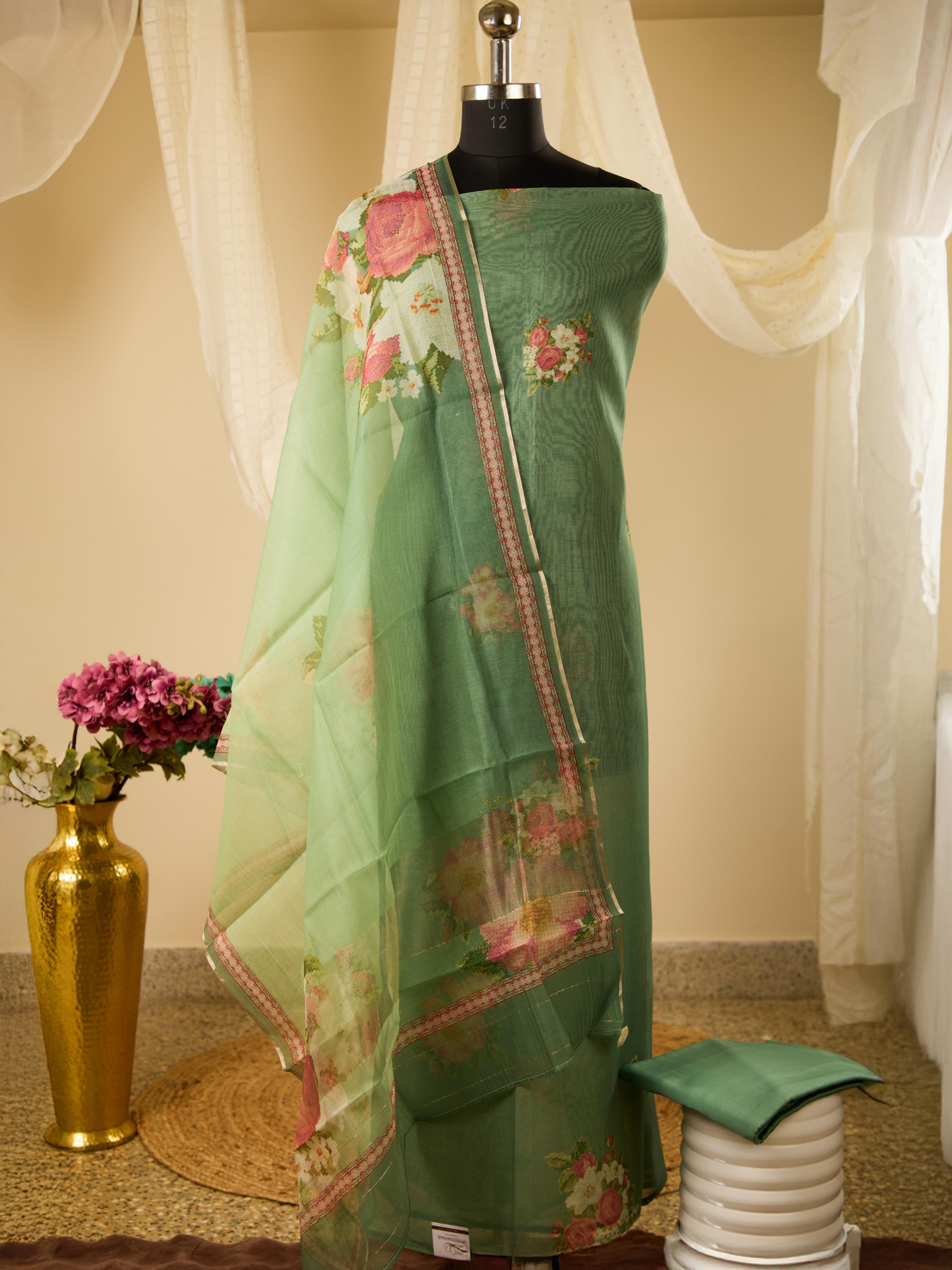 Pure Varanasi Weave Chanderi Digital Print Top, Paired with Glass Cotton Bottom & Pure Noil Silk Digital Print Dupatta