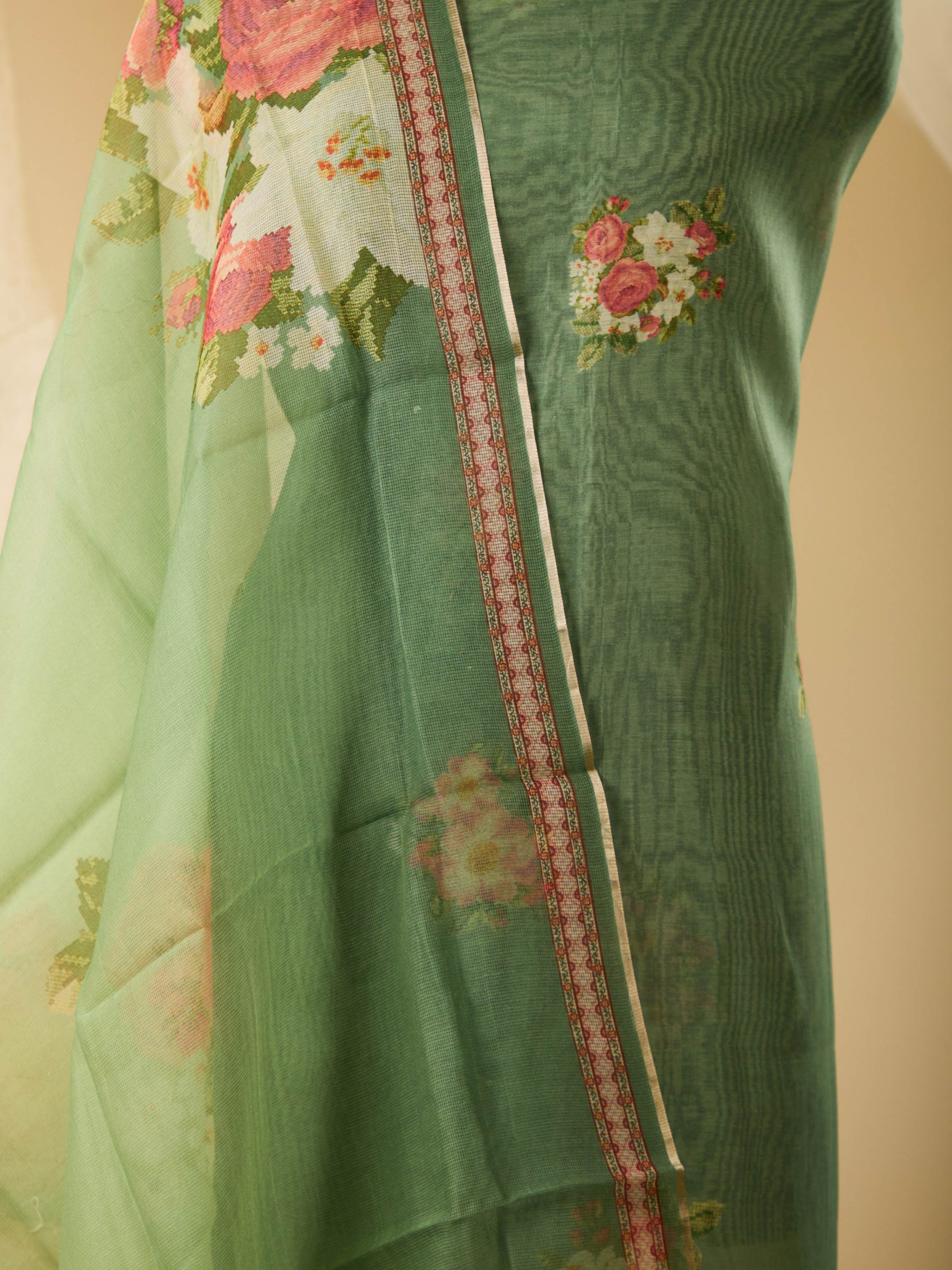 Pure Varanasi Weave Chanderi Digital Print Top, Paired with Glass Cotton Bottom & Pure Noil Silk Digital Print Dupatta