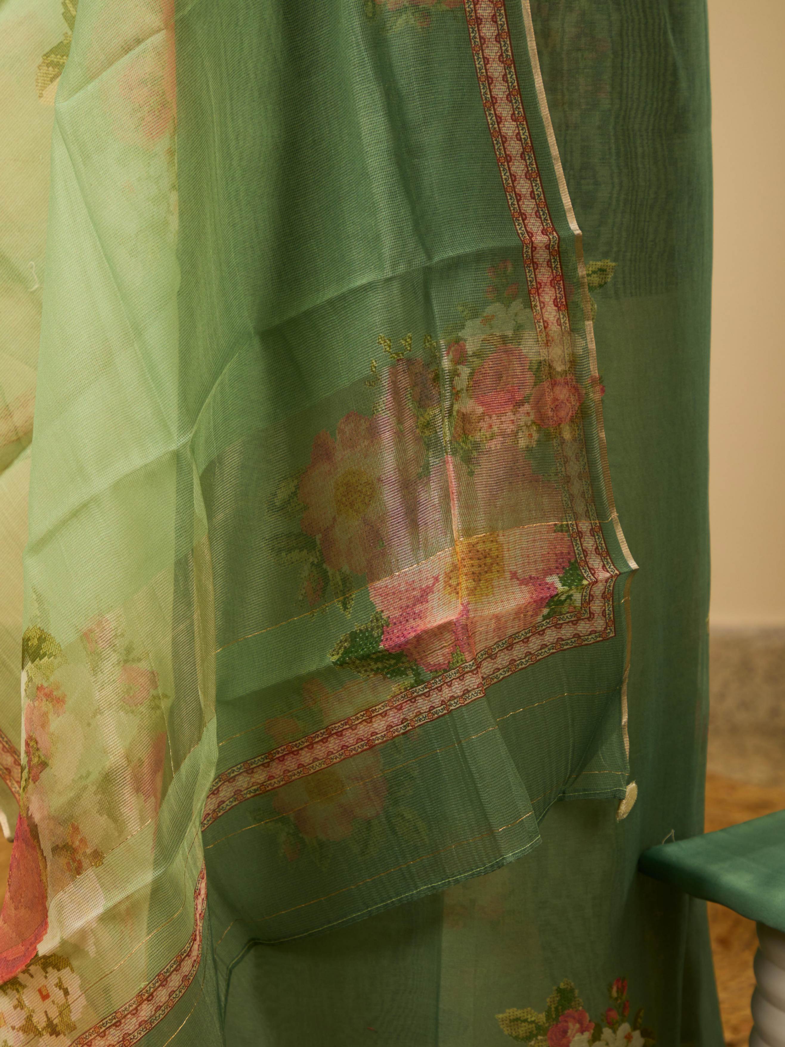 Pure Varanasi Weave Chanderi Digital Print Top, Paired with Glass Cotton Bottom & Pure Noil Silk Digital Print Dupatta