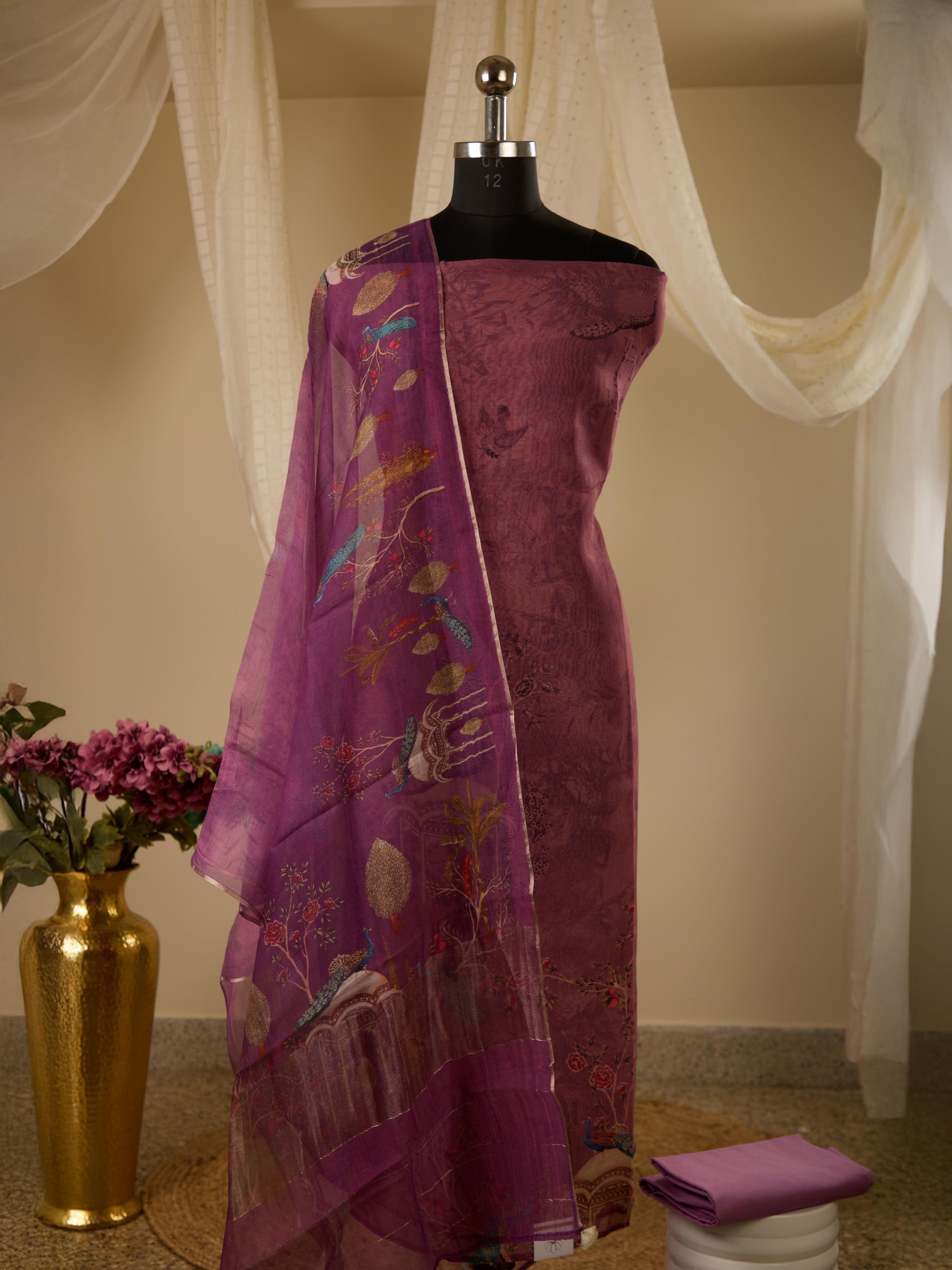 Pure Varanasi Weave Chanderi Digital Print Top, Paired with Glass Cotton Bottom & Pure Noil Silk Digital Print Dupatta