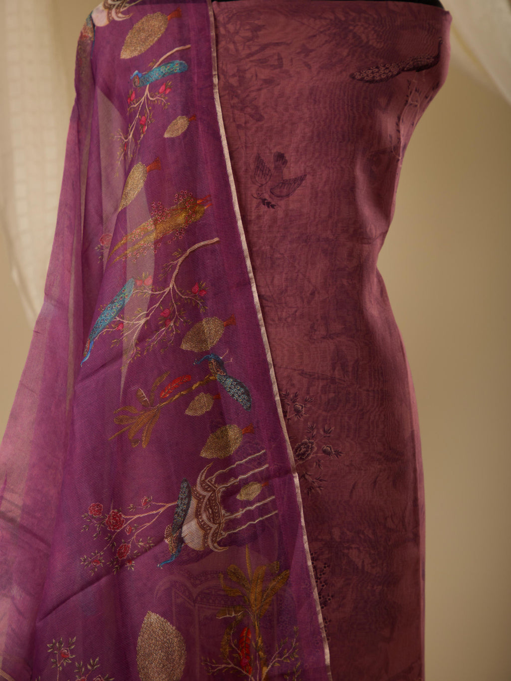 Pure Varanasi Weave Chanderi Digital Print Top, Paired with Glass Cotton Bottom & Pure Noil Silk Digital Print Dupatta