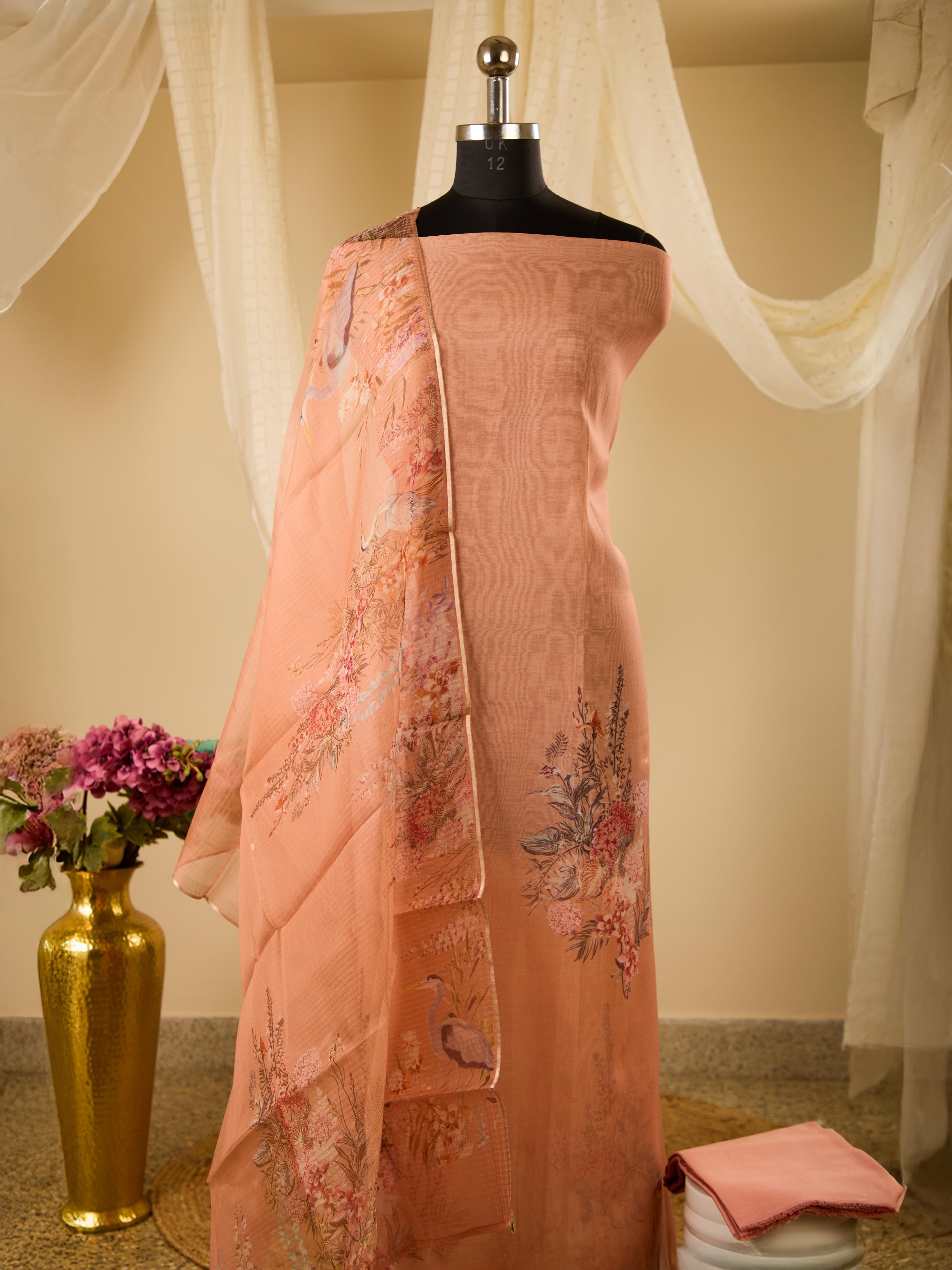 Pure Varanasi Weave Chanderi Digital Print Top, Paired with Glass Cotton Bottom & Pure Noil Silk Digital Print Dupatta