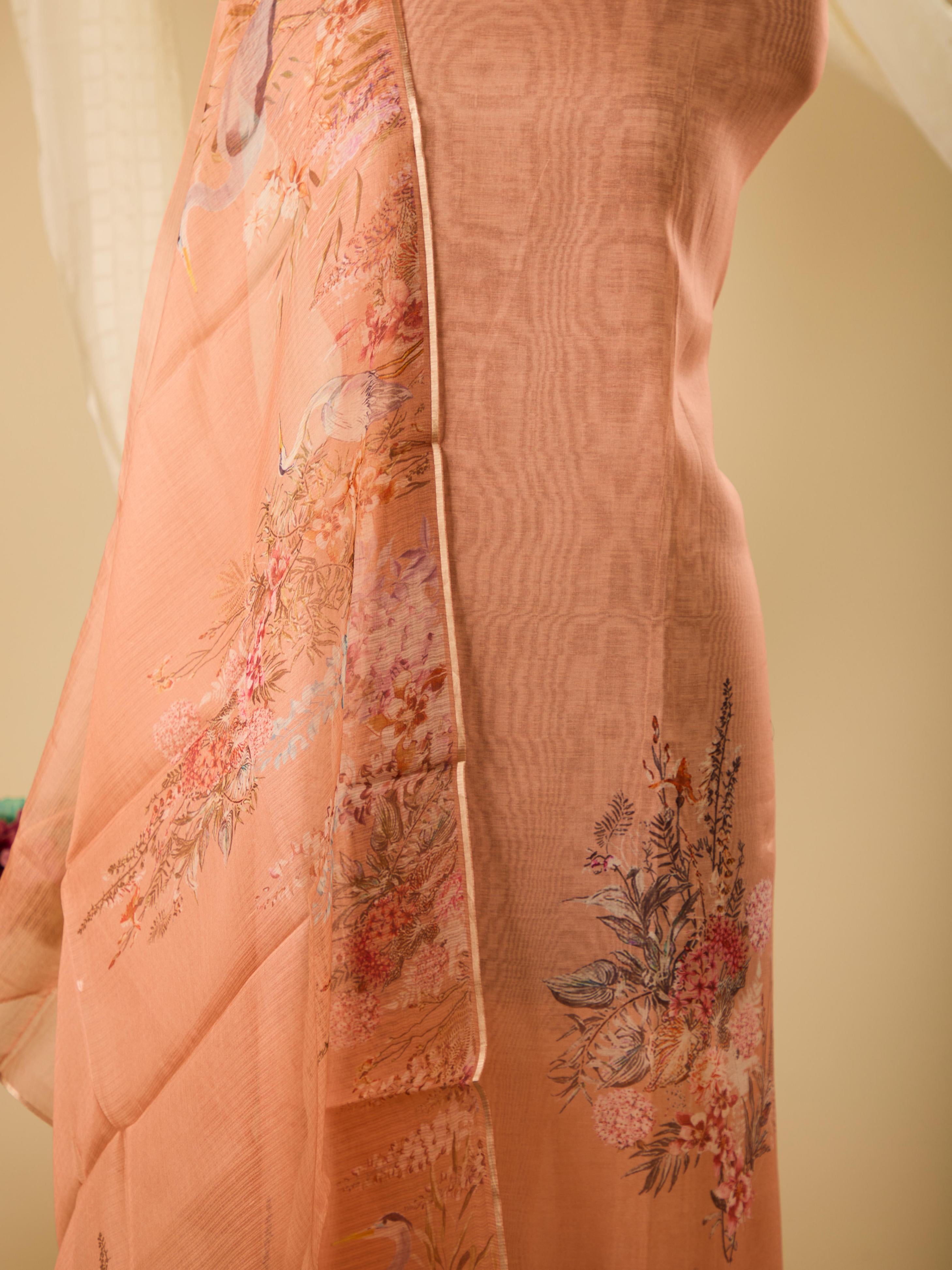 Pure Varanasi Weave Chanderi Digital Print Top, Paired with Glass Cotton Bottom & Pure Noil Silk Digital Print Dupatta