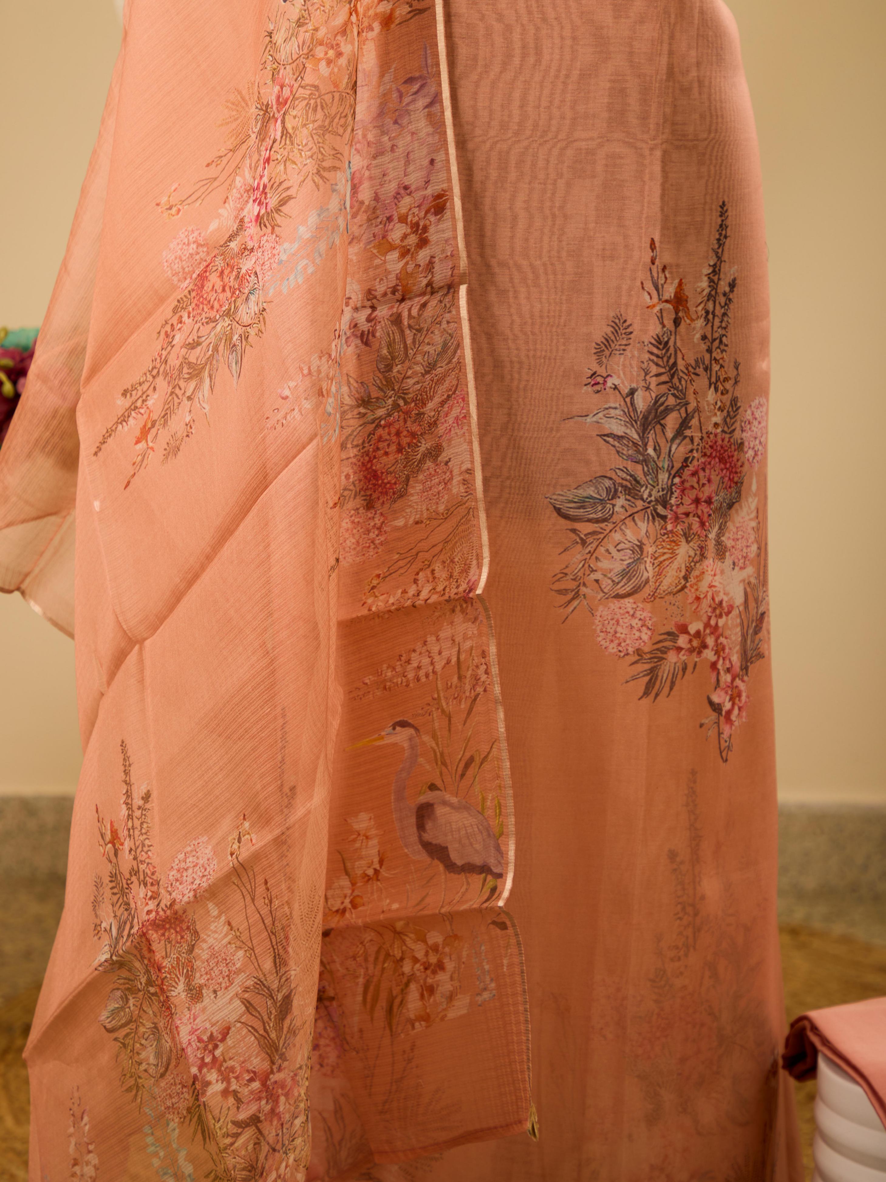 Pure Varanasi Weave Chanderi Digital Print Top, Paired with Glass Cotton Bottom & Pure Noil Silk Digital Print Dupatta