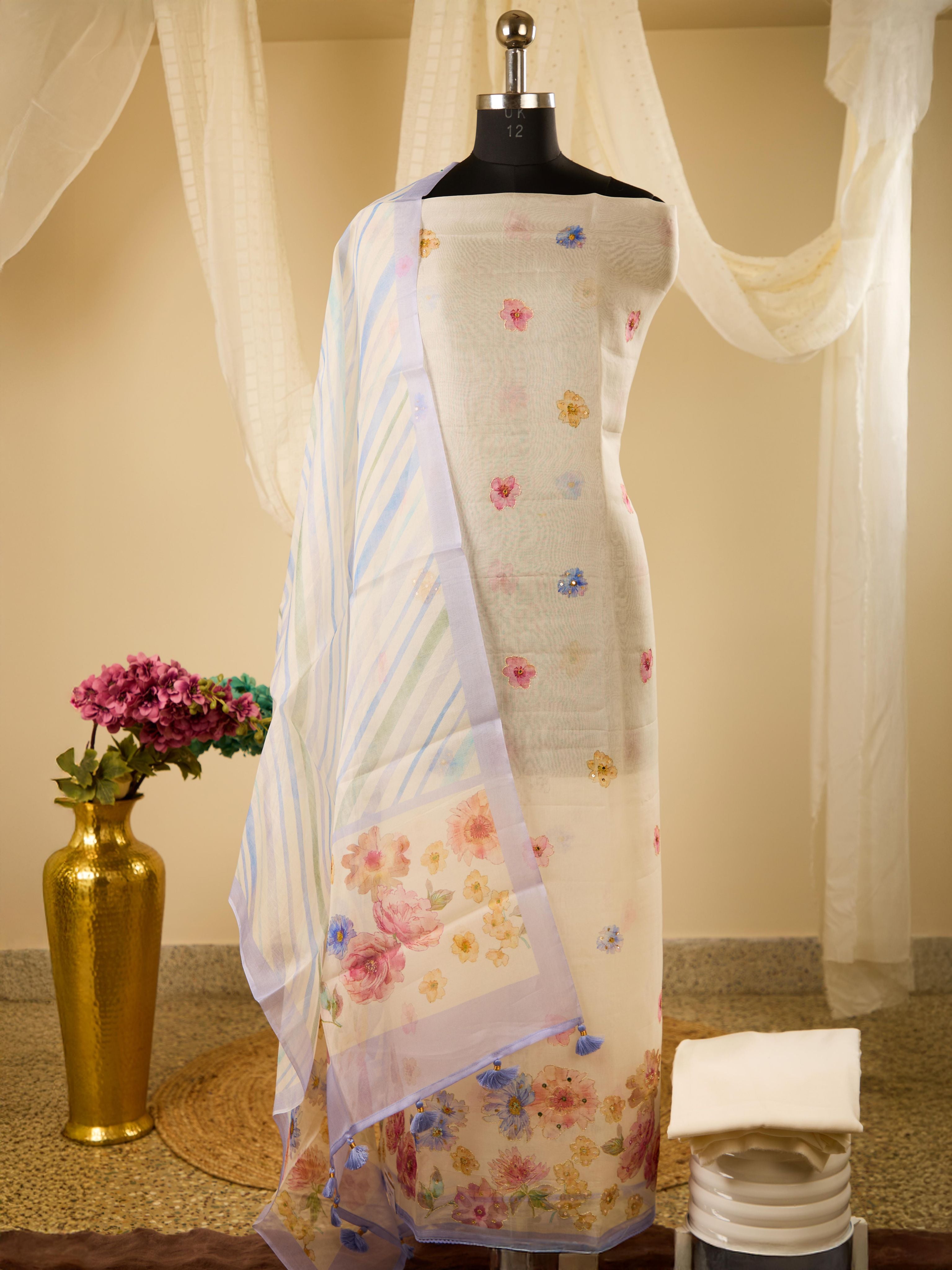 Pure Varanasi Weave Chanderi Digital Print Top, Paired with Glass Cotton Bottom & Pure Noil Silk Digital Print Dupatta