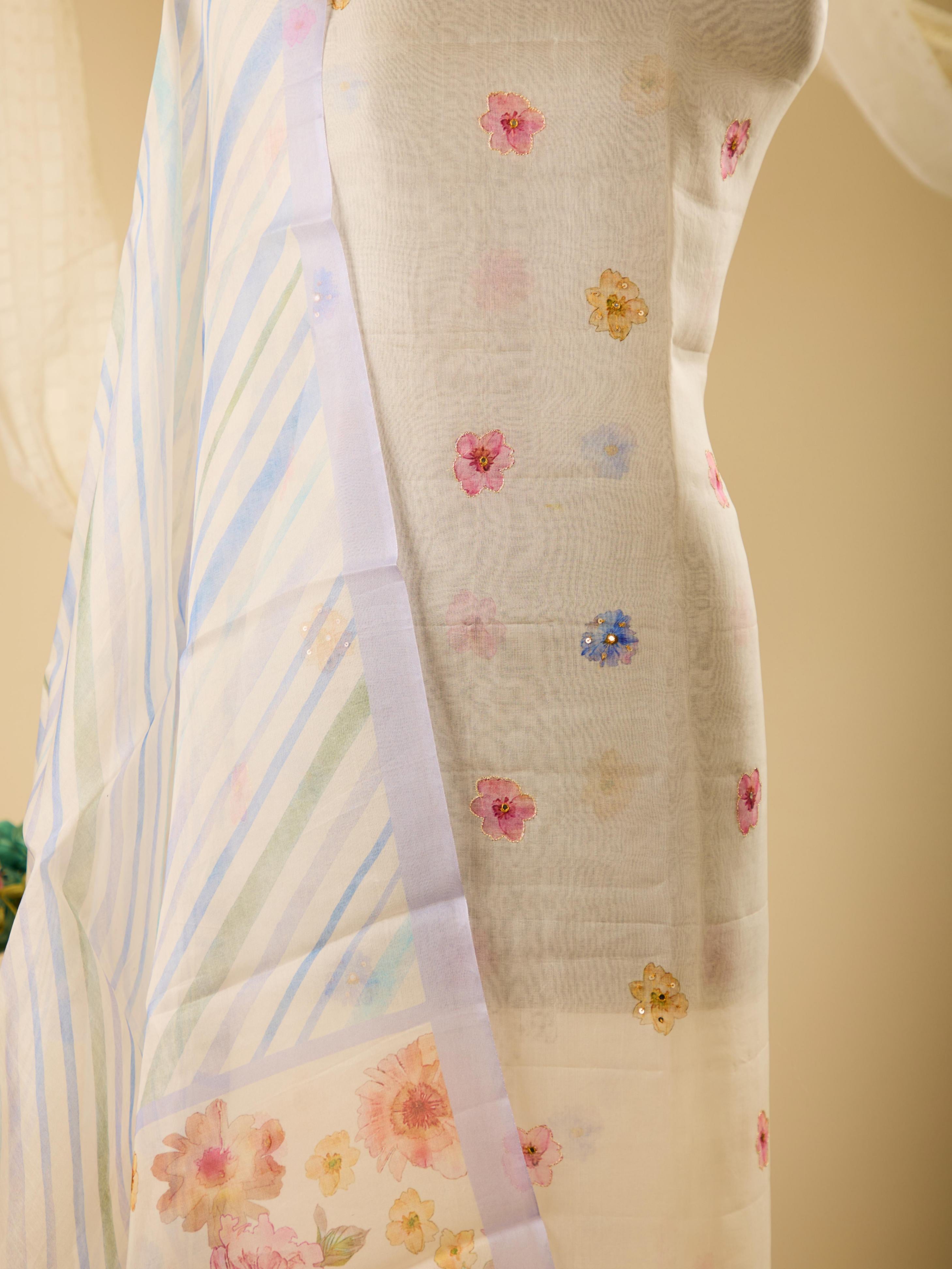 Pure Varanasi Weave Chanderi Digital Print Top, Paired with Glass Cotton Bottom & Pure Noil Silk Digital Print Dupatta