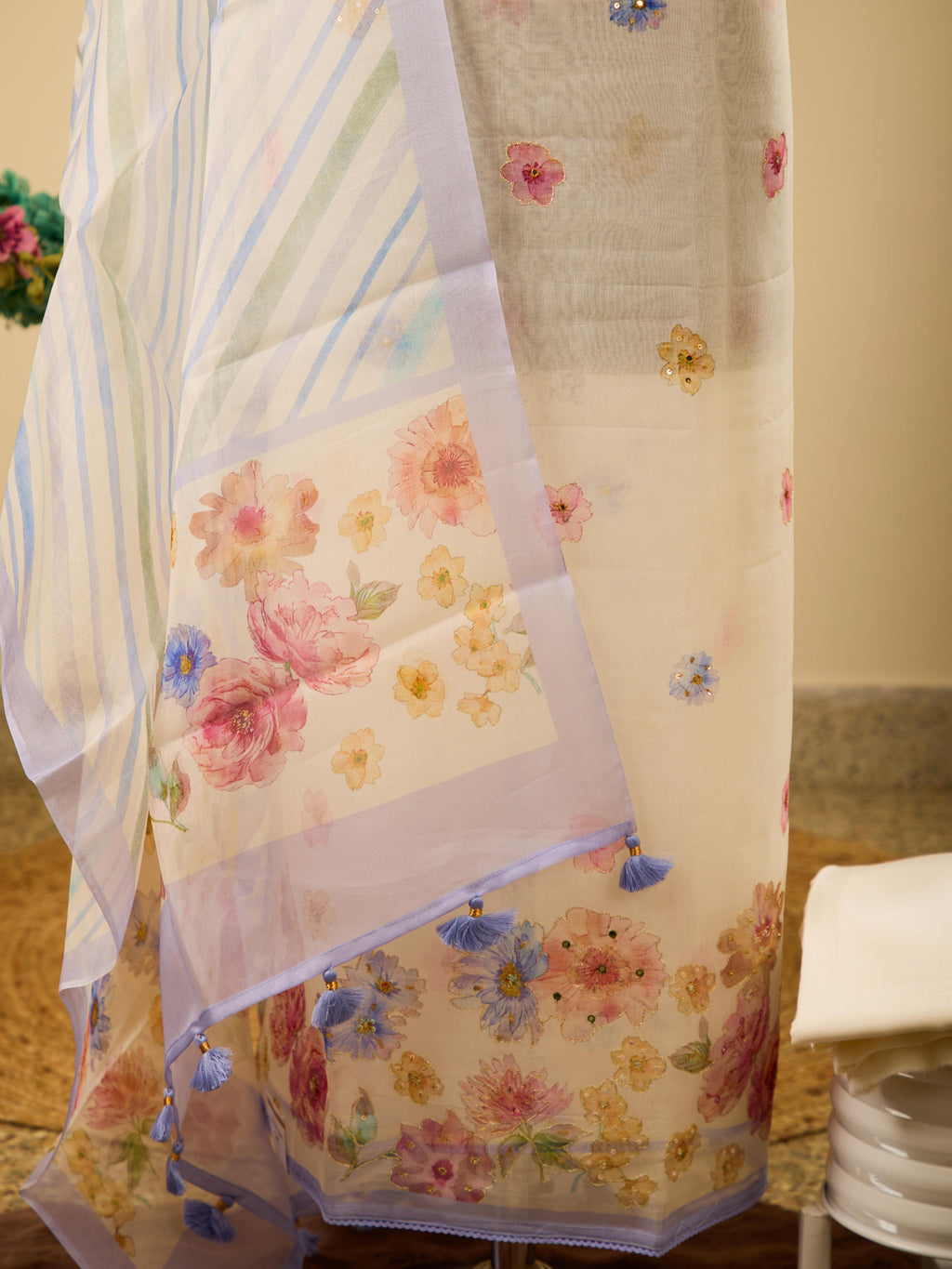 Pure Varanasi Weave Chanderi Digital Print Top, Paired with Glass Cotton Bottom & Pure Noil Silk Digital Print Dupatta
