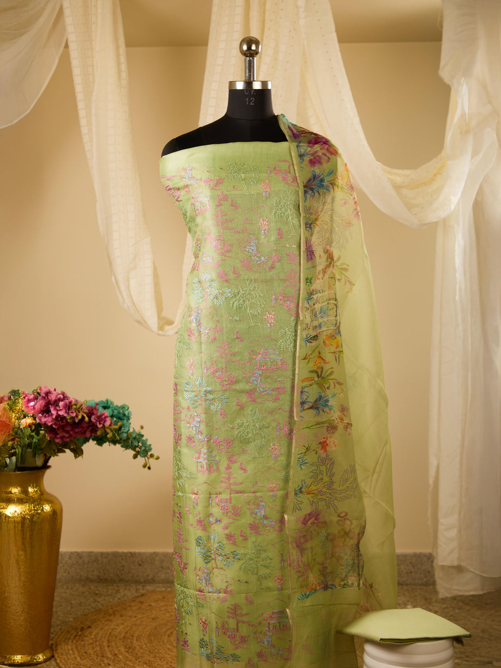 Pure Varanasi Weave Organza Top with Beautiful Threadwork, Paired with Glass Cotton Bottom & Pure Noil Silk Digital Print Dupatta