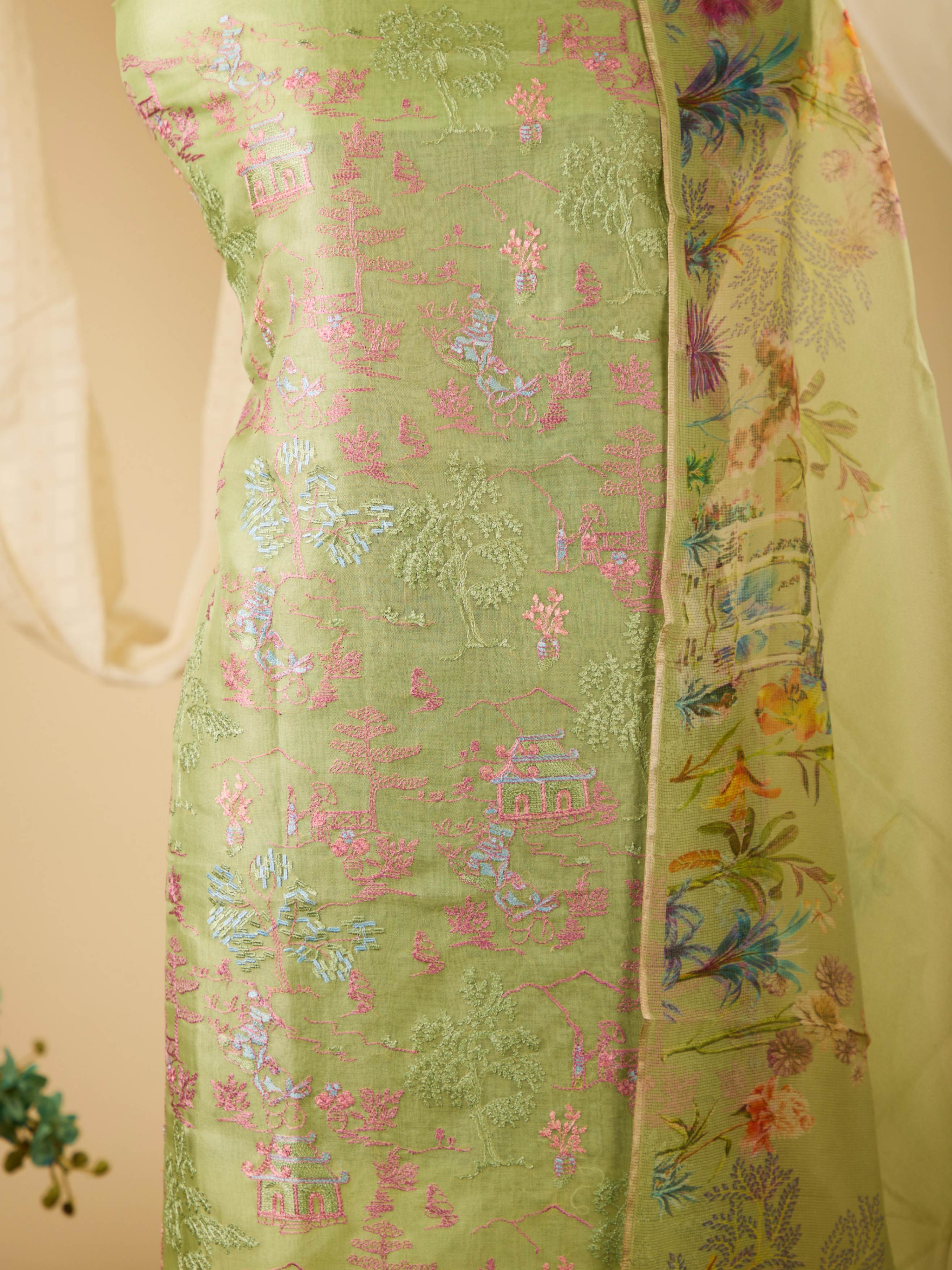 Pure Varanasi Weave Organza Top with Beautiful Threadwork, Paired with Glass Cotton Bottom & Pure Noil Silk Digital Print Dupatta