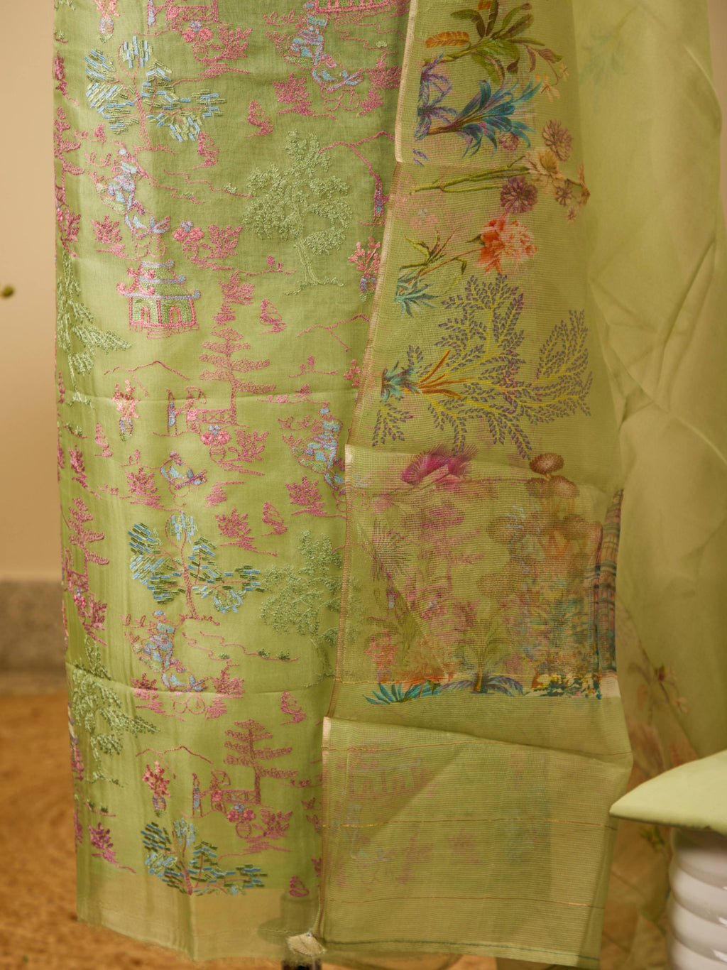 Pure Varanasi Weave Organza Top with Beautiful Threadwork, Paired with Glass Cotton Bottom & Pure Noil Silk Digital Print Dupatta