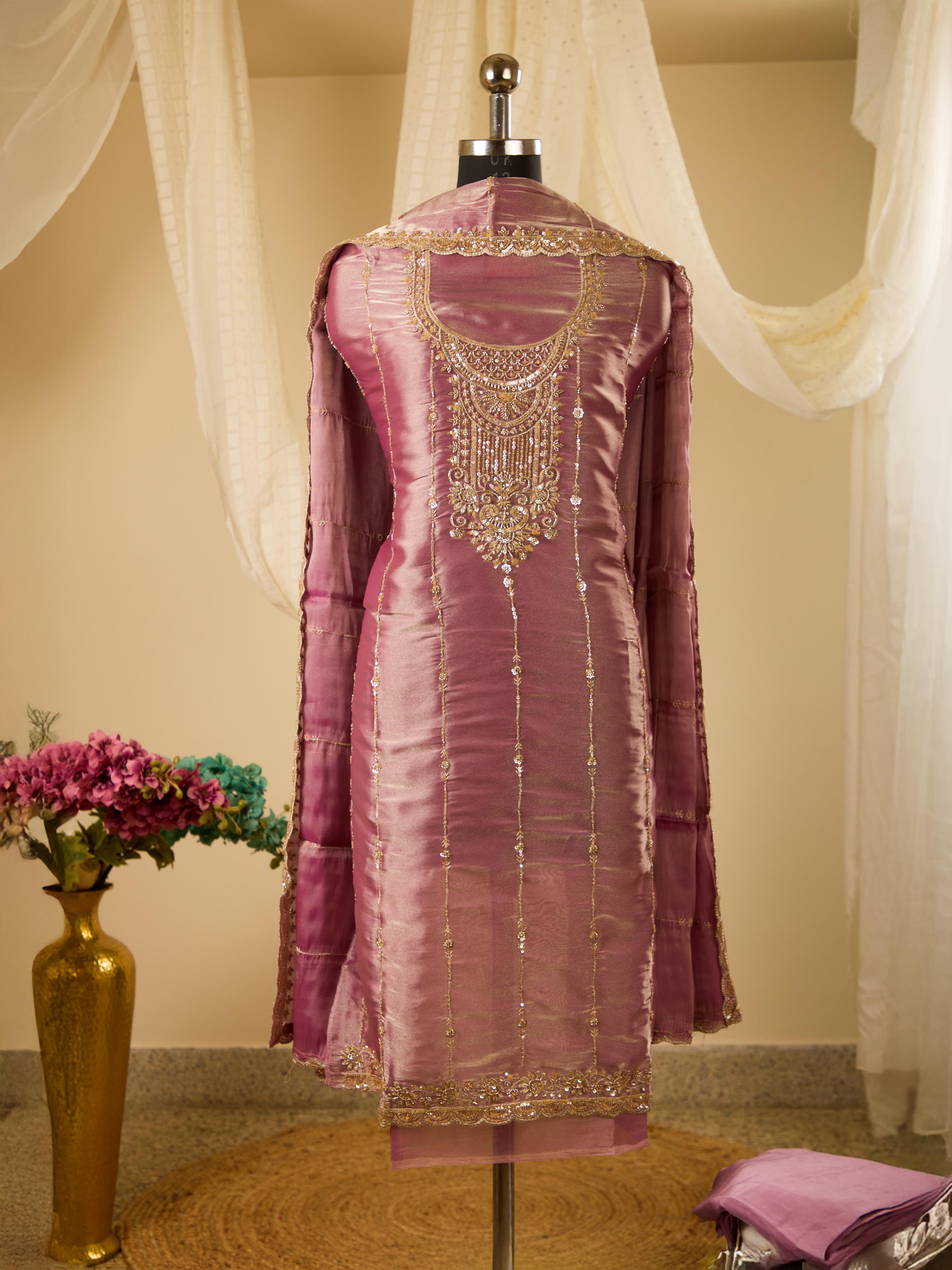 Shimmer Viscose Organza Top with Beautiful Beads & Sequence Work, Paired with Plain Bottom & Shimmer Dupatta with Work