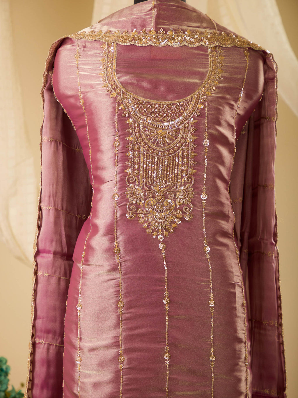 Shimmer Viscose Organza Top with Beautiful Beads & Sequence Work, Paired with Plain Bottom & Shimmer Dupatta with Work