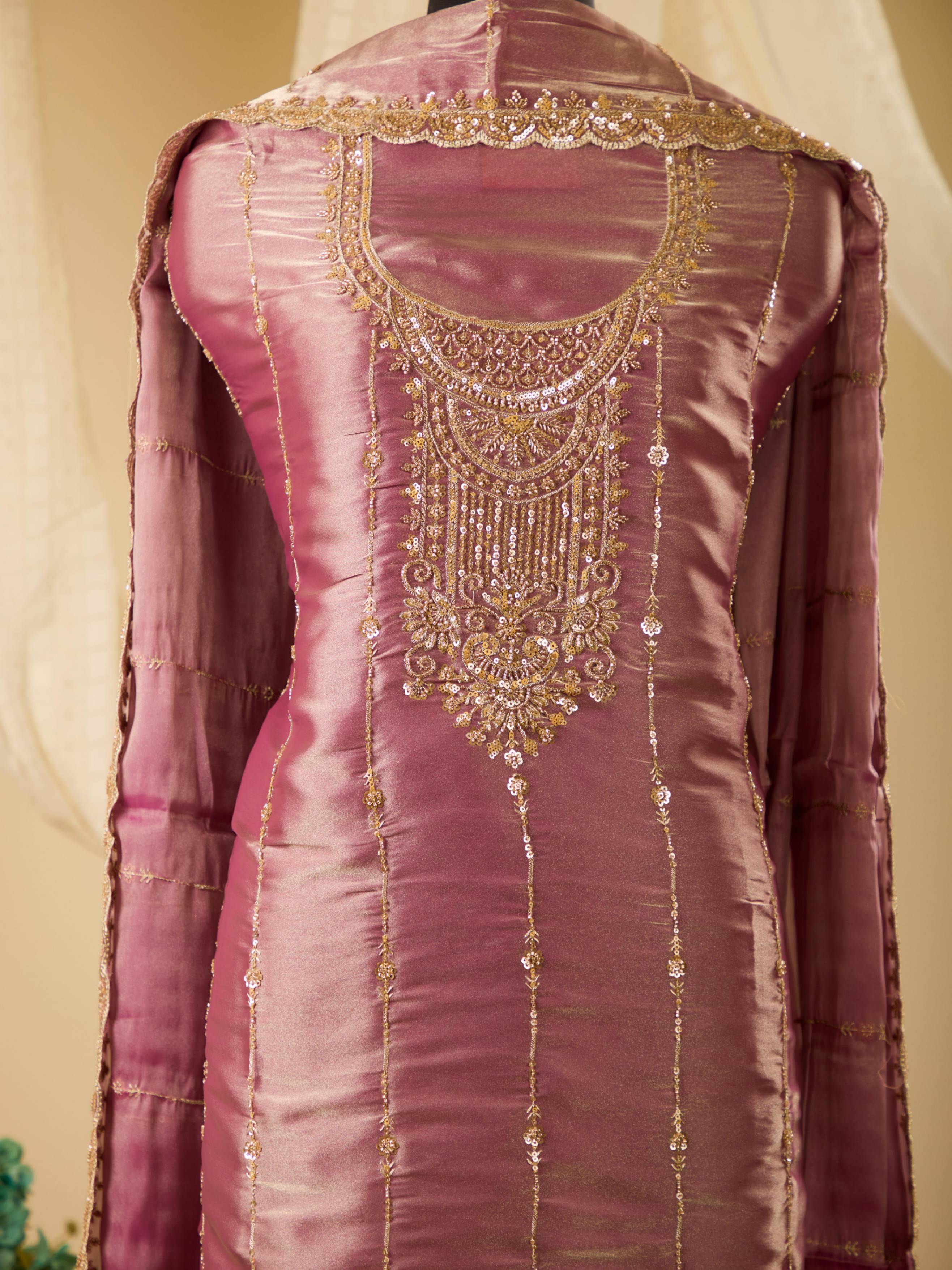 Shimmer Viscose Organza Top with Beautiful Beads & Sequence Work, Paired with Plain Bottom & Shimmer Dupatta with Work