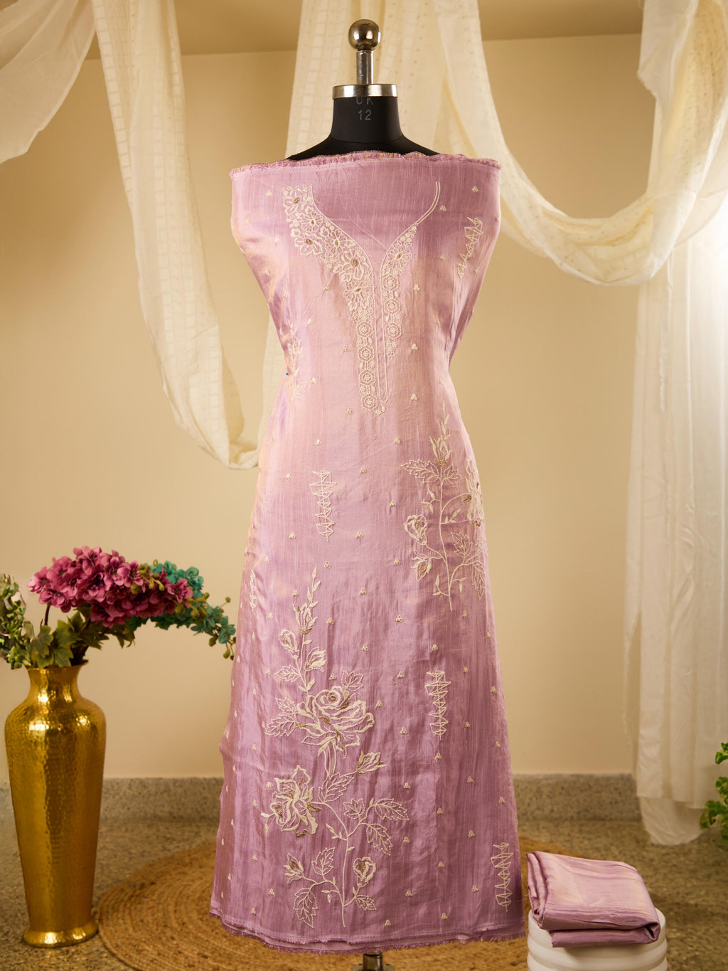 Tissue Linen Top with Embroidery, Paired with Plain Tissue Linen Bottom
