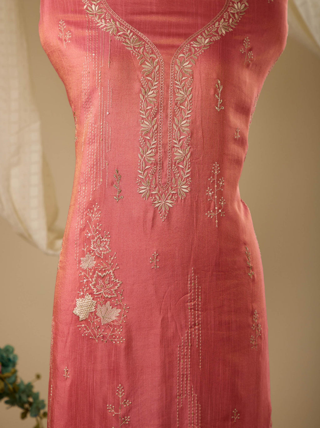 Tissue Linen Top with Embroidery, Paired with Plain Tissue Linen Bottom