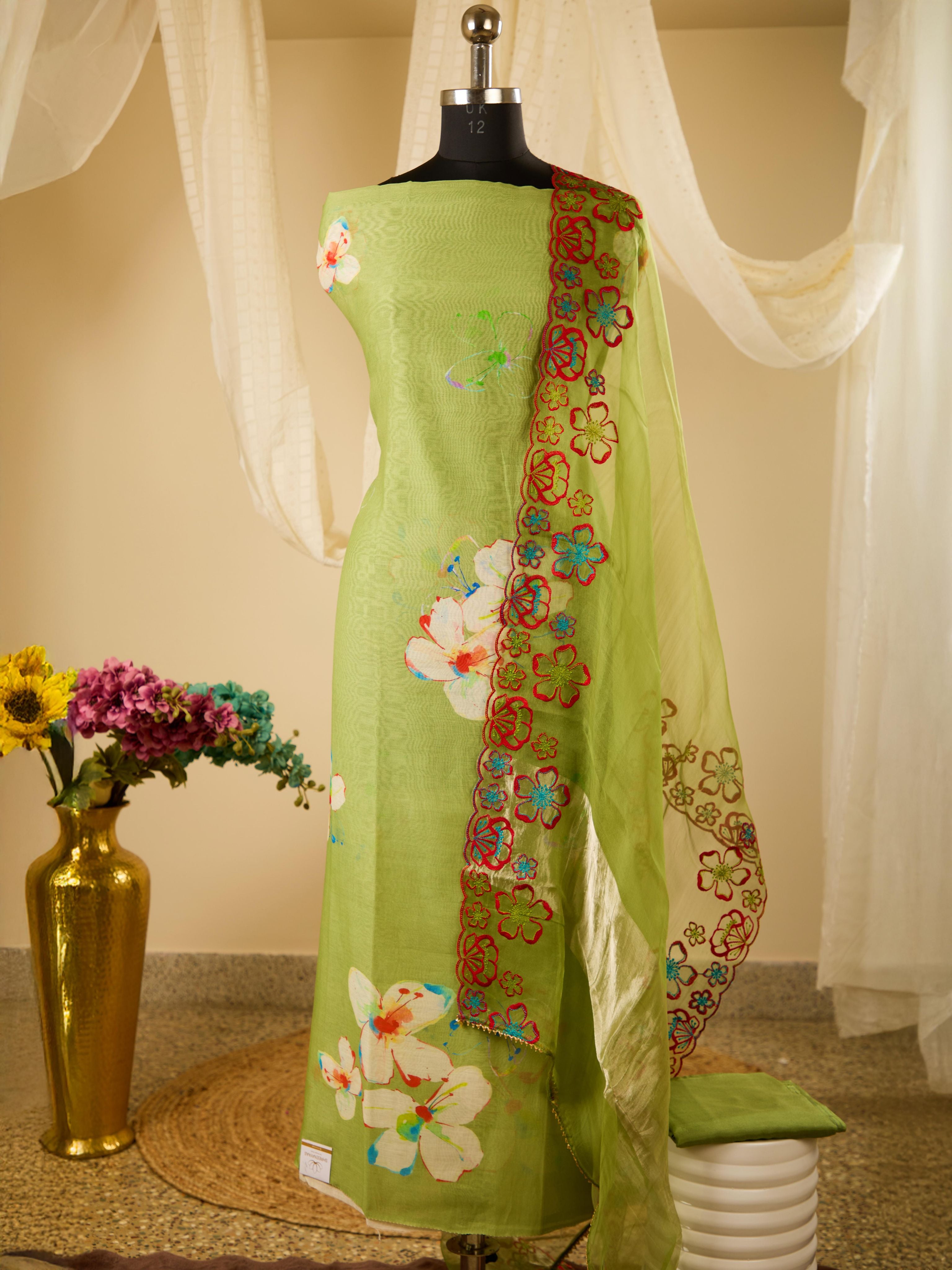 Varanasi Weave Digital Print Chanderi Top with Santoon Bottom & Organza Dupatta with Beautiful Thread Scalloping Embroidery