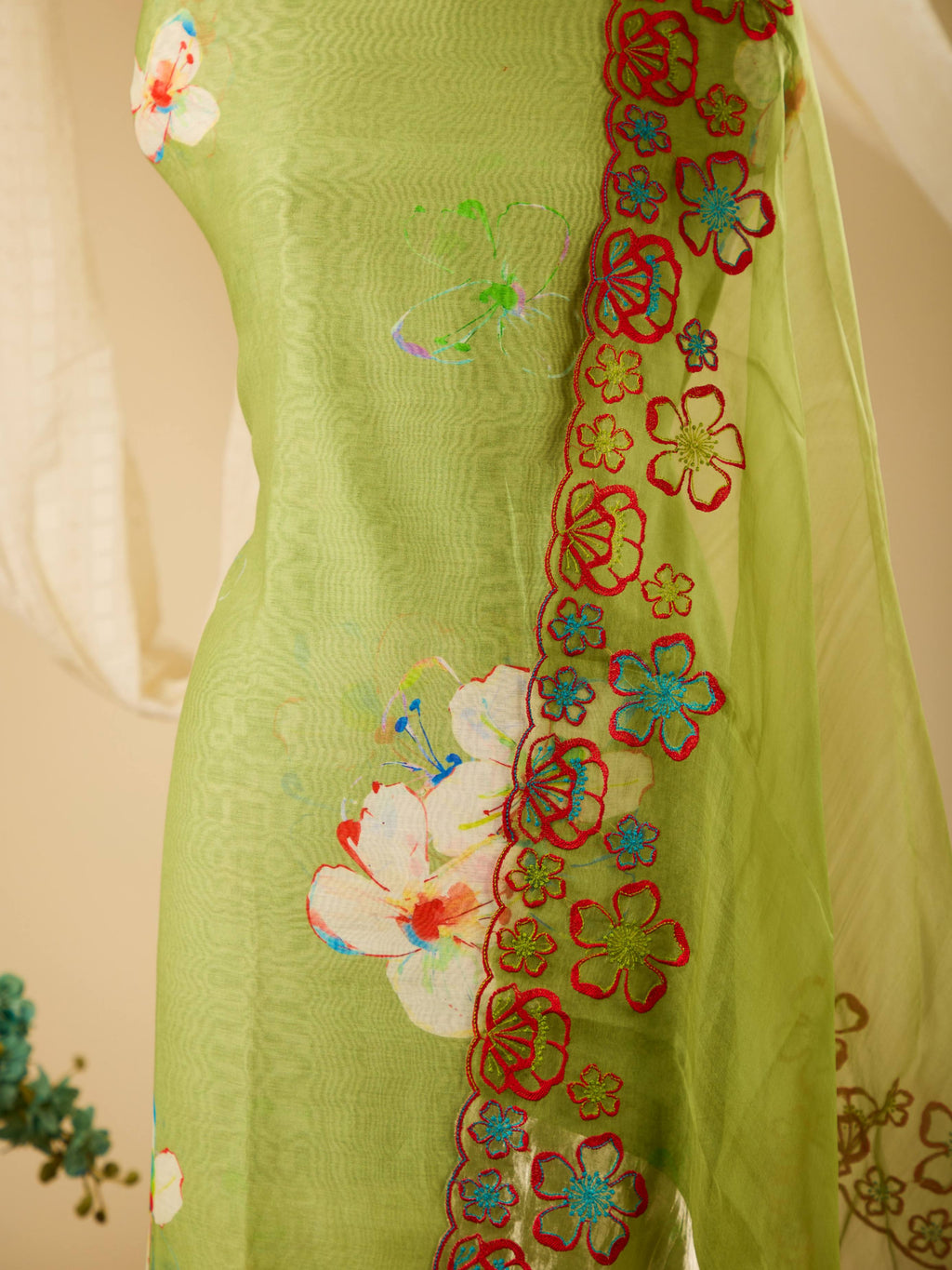 Varanasi Weave Digital Print Chanderi Top with Santoon Bottom & Organza Dupatta with Beautiful Thread Scalloping Embroidery